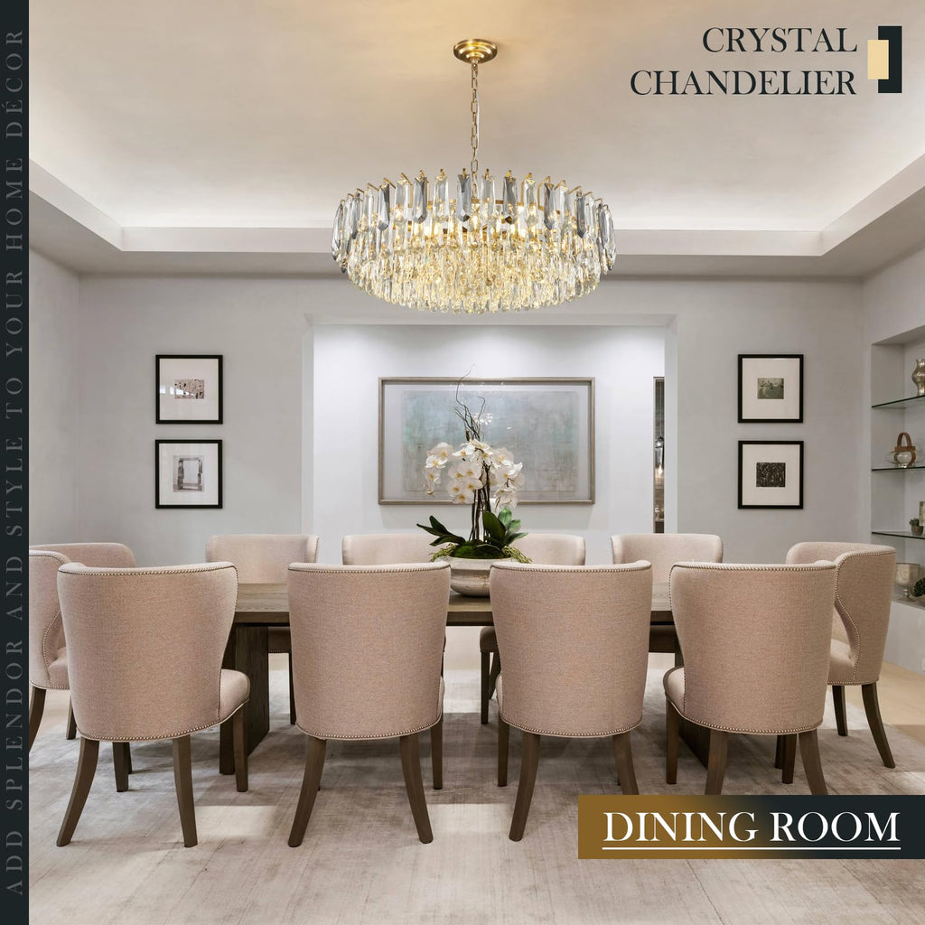 23.6" Modern Crystal Chandelier with Grey Crystal Gold 3-Tier Luxury Pendant Light 12-Light Ceiling Pendant Lighting for Dinning Room Living Room Foyer