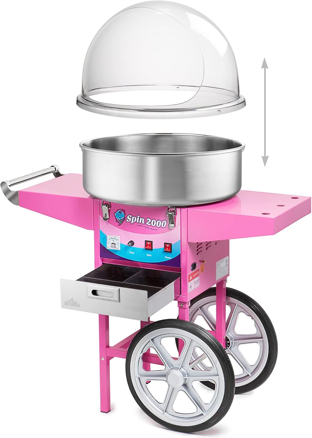 Olde Midway Cotton Candy Machine Cart with Bubble Shield, SPIN-2000 Electric Candy Floss Maker, Commercial-Grade