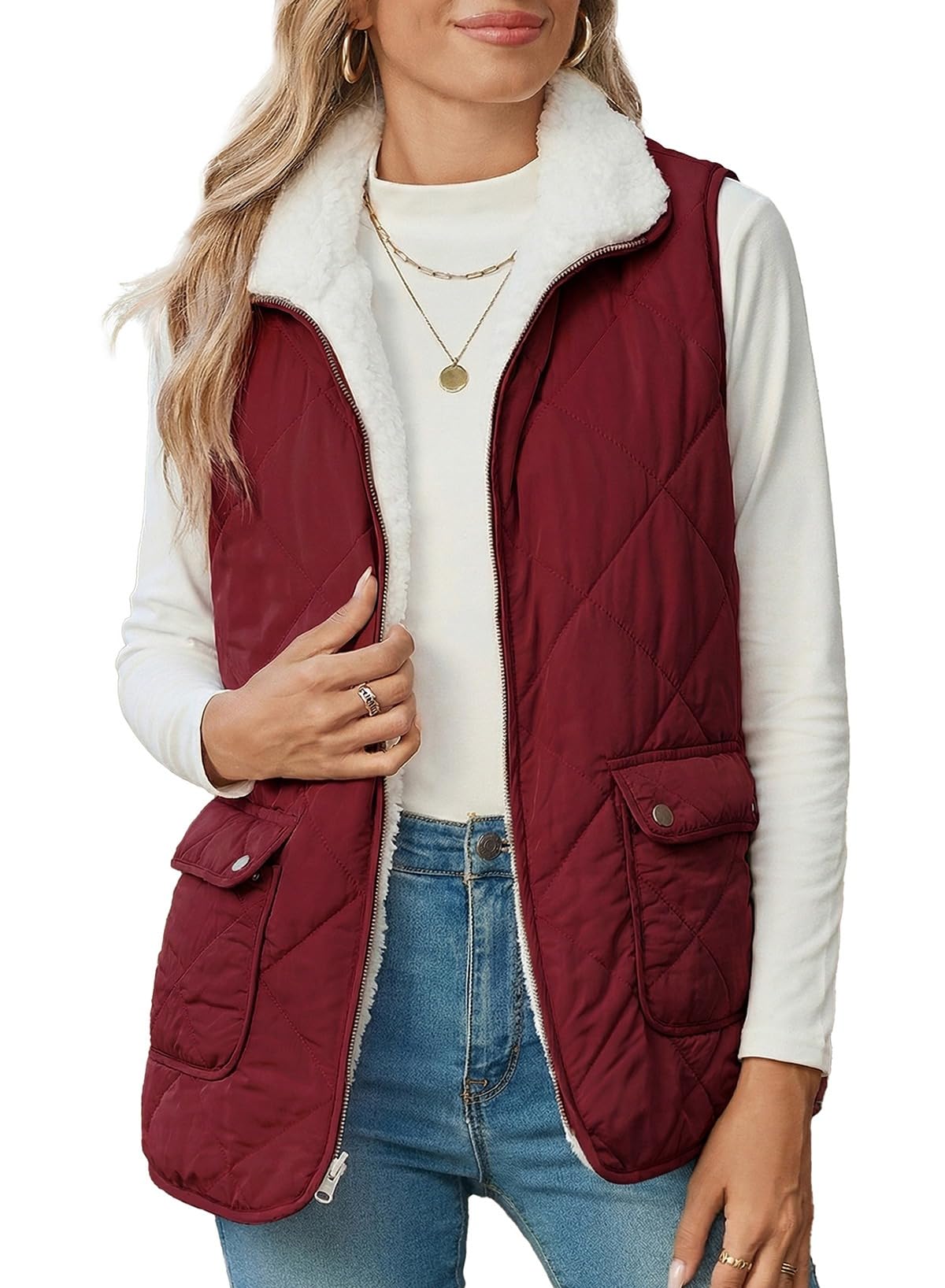 SHEWIN Women Puffer Vest Casual Stand Collar Sleeveless Puffer Jacket Warm Winter Reversible Zip Up Outerwear with Pockets