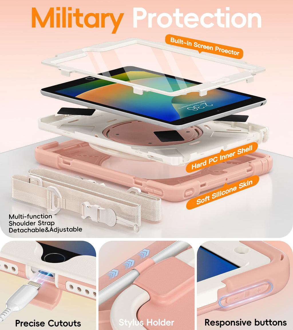 BATYUE for iPad 9th/ 8th/ 7th Generation Case (iPad 10.2 inch Rugged Case 2021/2020/2019) with Screen Protector, Rotating Stand/Pencil Holder/Carrying Shoulder Strap (Colourful Pink)