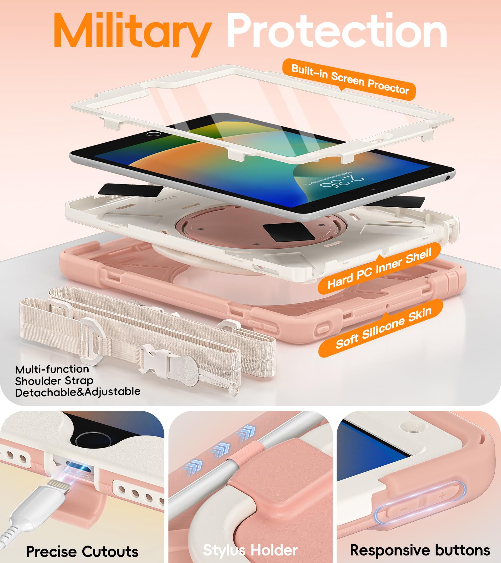 BATYUE for iPad 9th/ 8th/ 7th Generation Case (iPad 10.2 inch Rugged Case 2021/2020/2019) with Screen Protector, Rotating Stand/Pencil Holder/Carrying Shoulder Strap (Colourful Pink)