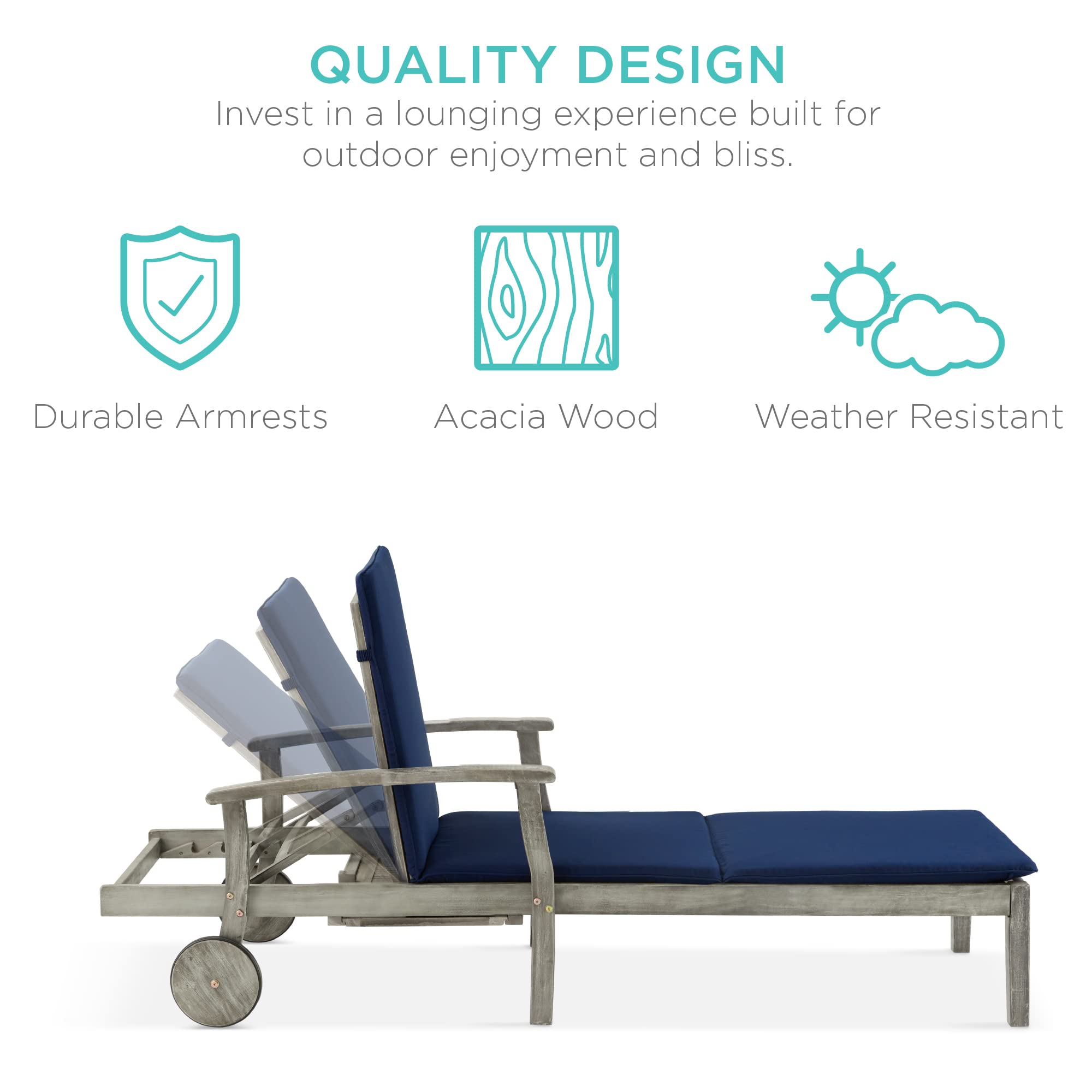 Best Choice Products 79x26in Acacia Wood Chaise Lounge Chair Recliner, Outdoor Furniture for Patio, Poolside w/Slide-Out Side Table, Foam-Padded Cushion, Adjustable Backrest, Wheels - Gray/Cream