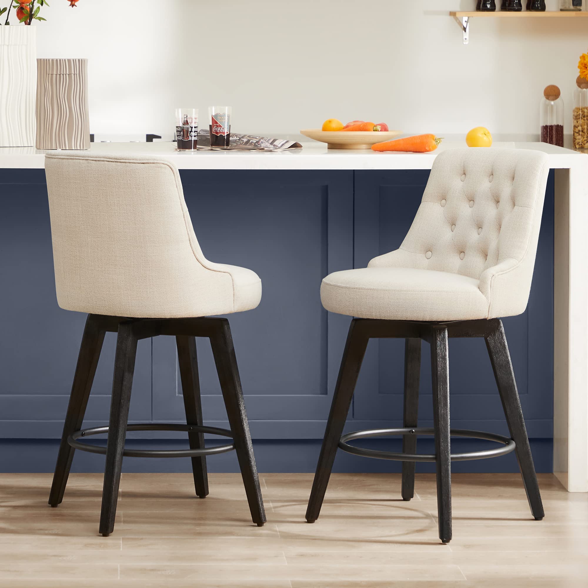Watson & Whitely Counter Height Bar Stools, Performance Fabric Upholstered Modern Swivel Barstool with Back, Solid Wood Legs, 26" H Seat, Flint Grey