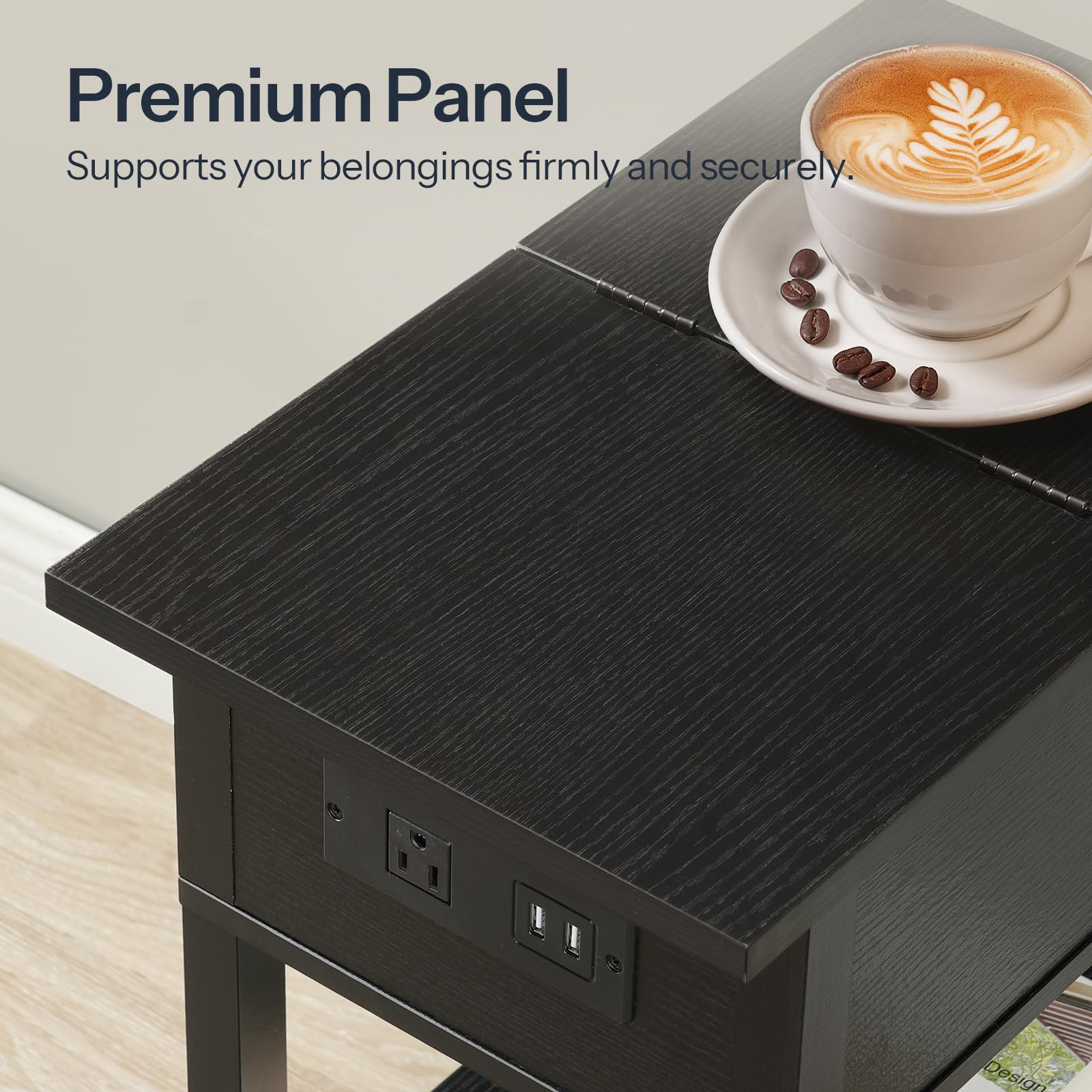 HOOBRO End Table with Charging Station, Flip Top Side Table with USB Ports, Narrow Nightstand Bedside Tables with Storage Shelves, for Small Space, Living Room, Black BK141UBZ01