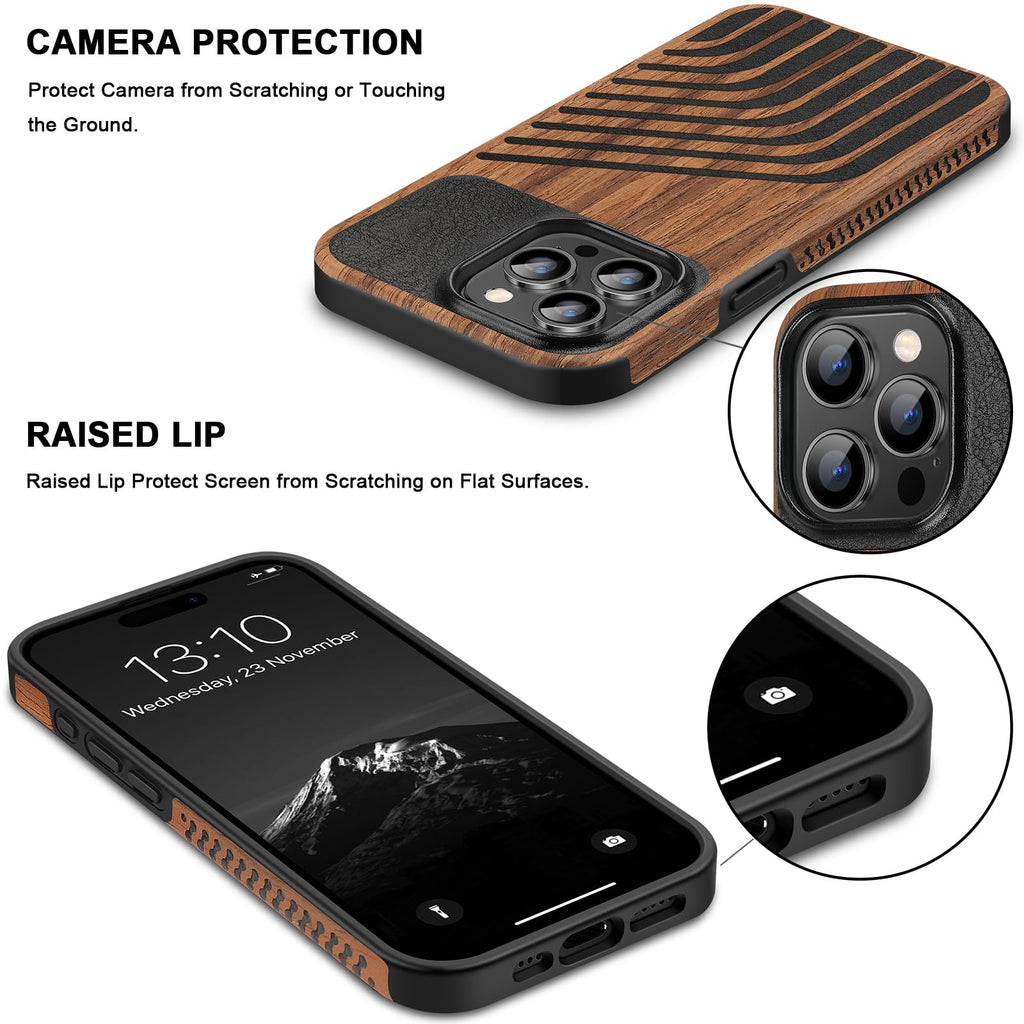 TENDLIN Compatible with iPhone 15 Case Wood Grain with Carbon Fiber Texture Design Leather Hybrid Slim Case (Black)