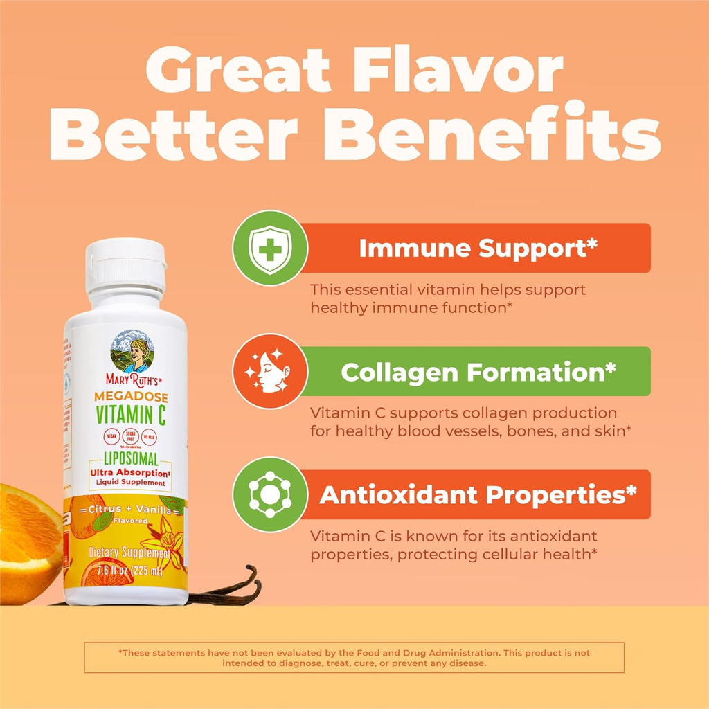MaryRuth's Megadose Liquid Vitamin C Liposomal | 500 mg Vitamin C | Ultra Absorption | Immunity Supplement | Antioxidant | Collagen Formation | Vegan | Gluten Free | Sugar Free | 7.6 Oz | 30 Servings
