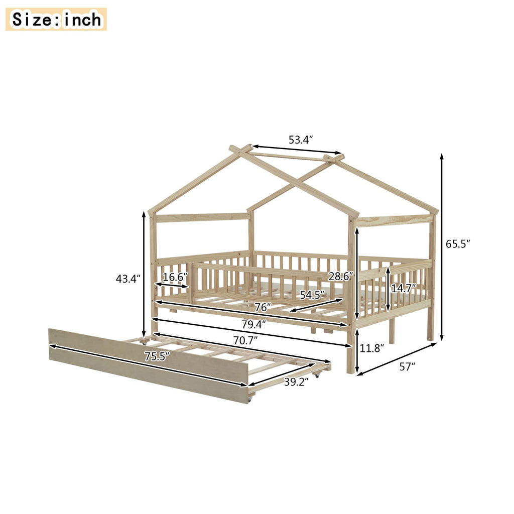 Merax Twin Size Wooden House Bed with Two Drawers, Wood Bed Frame with Roof for Kids, Teens, Boys or Girls, Grey