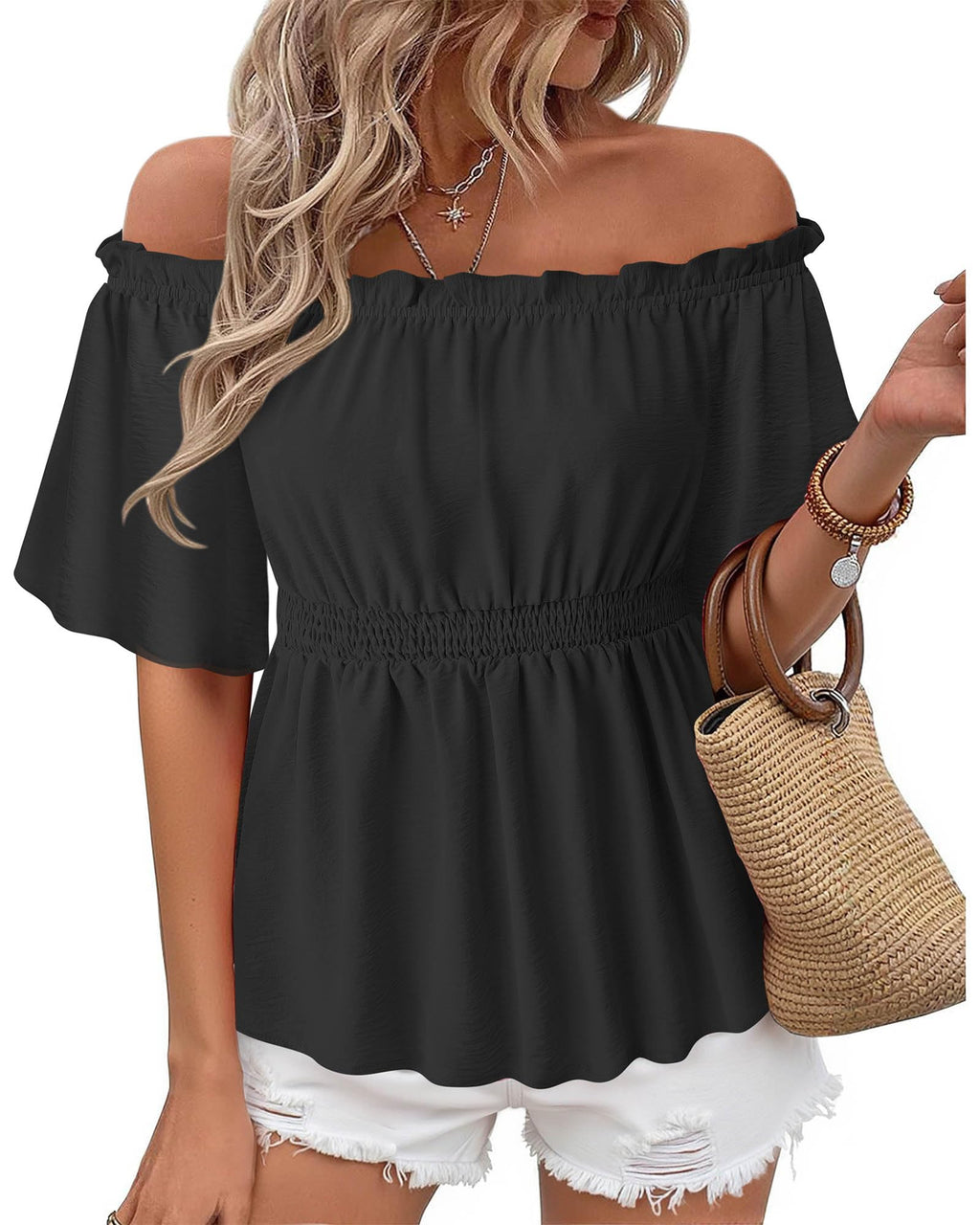 Bebonnie Women's Summer Sexy Off The Shoulder Peplum Tops Ruffle Sleeve Dressy Blouses