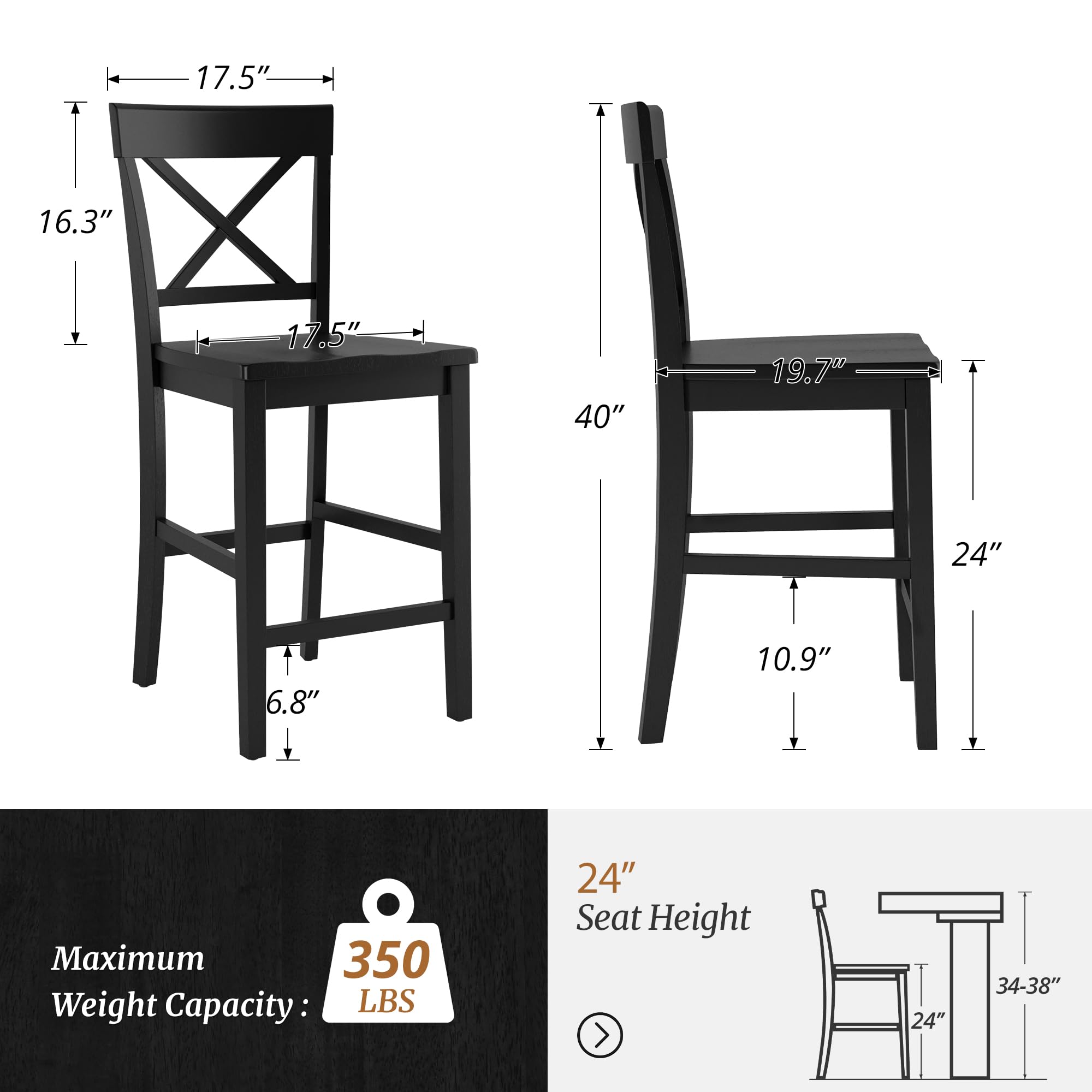 Cozyman Bar Stools Set of 2, 24" H Wooden Counter Stools with Back and Footrest, X-Back Farmhouse Barstools for Kitchen Island, Home Bar, Black