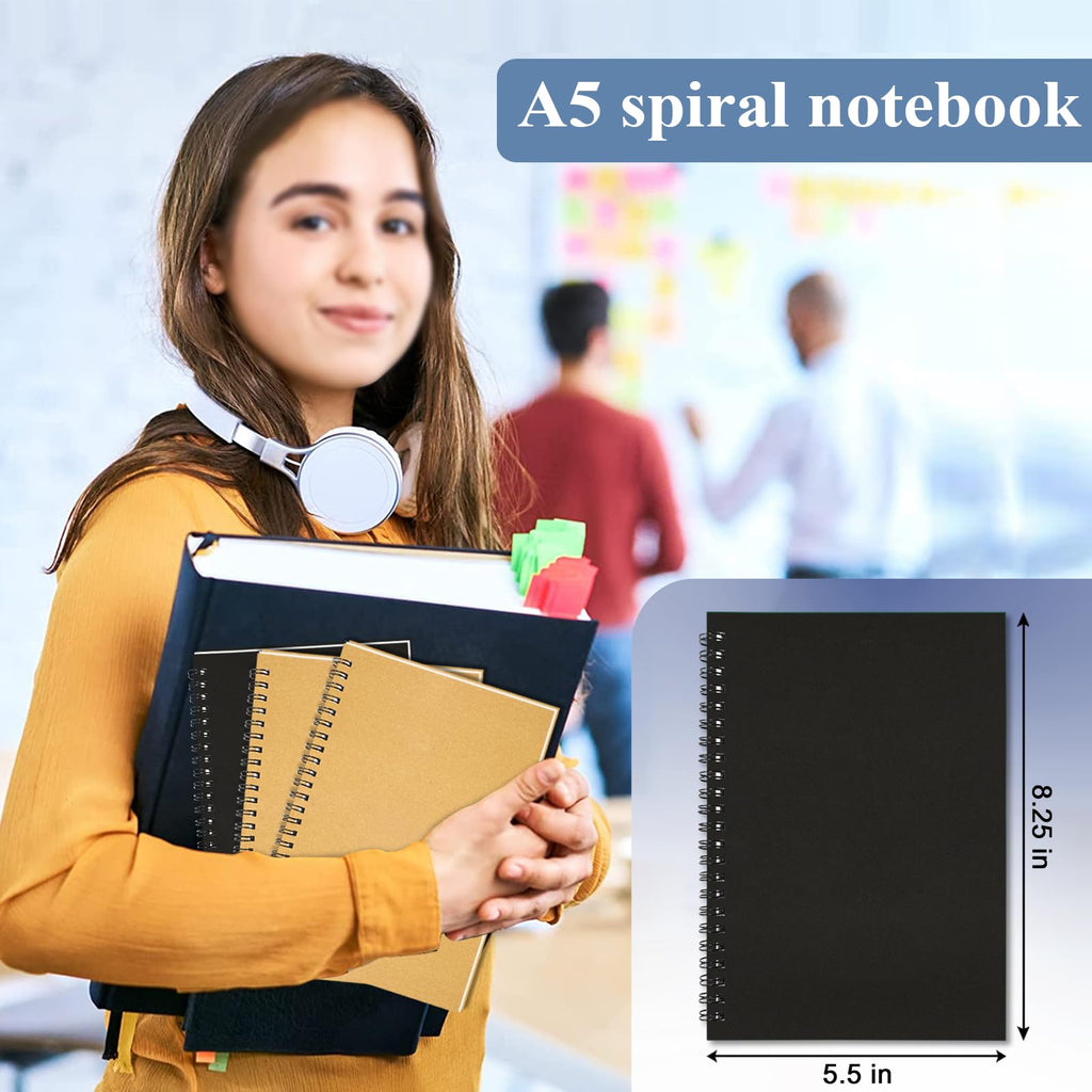 4Pack Small Spiral Notebook A5, 8.25x5.5” 120 Lined Pages Black & Red Wide Ruled Spiral Journal Bulk Blank Kraft Cover Spiral Bound Notebook & Writing Pads for Home Office Meeting Work Note Taking