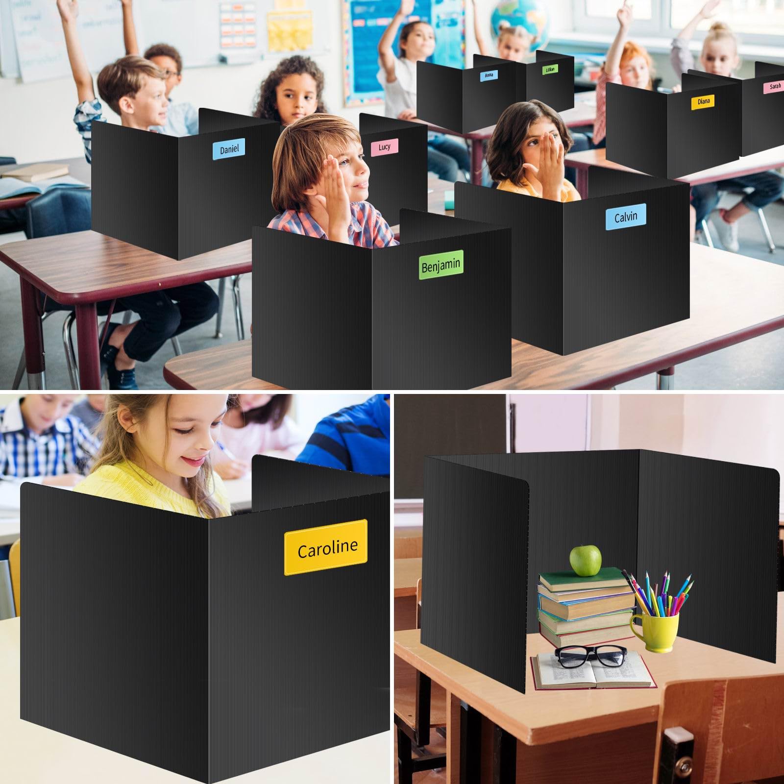 Black 4-Pack Desk Dividers for Students, Waterproof Durable Plastic Study Carrel Dividers, Easy to Clean, Privacy Classroom Shield Folder Boards for Student Desk