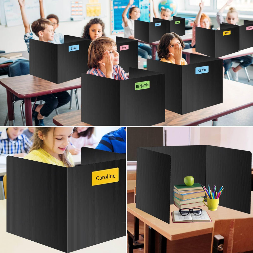 Black 4-Pack Desk Dividers for Students, Waterproof Durable Plastic Study Carrel Dividers, Easy to Clean, Privacy Classroom Shield Folder Boards for Student Desk