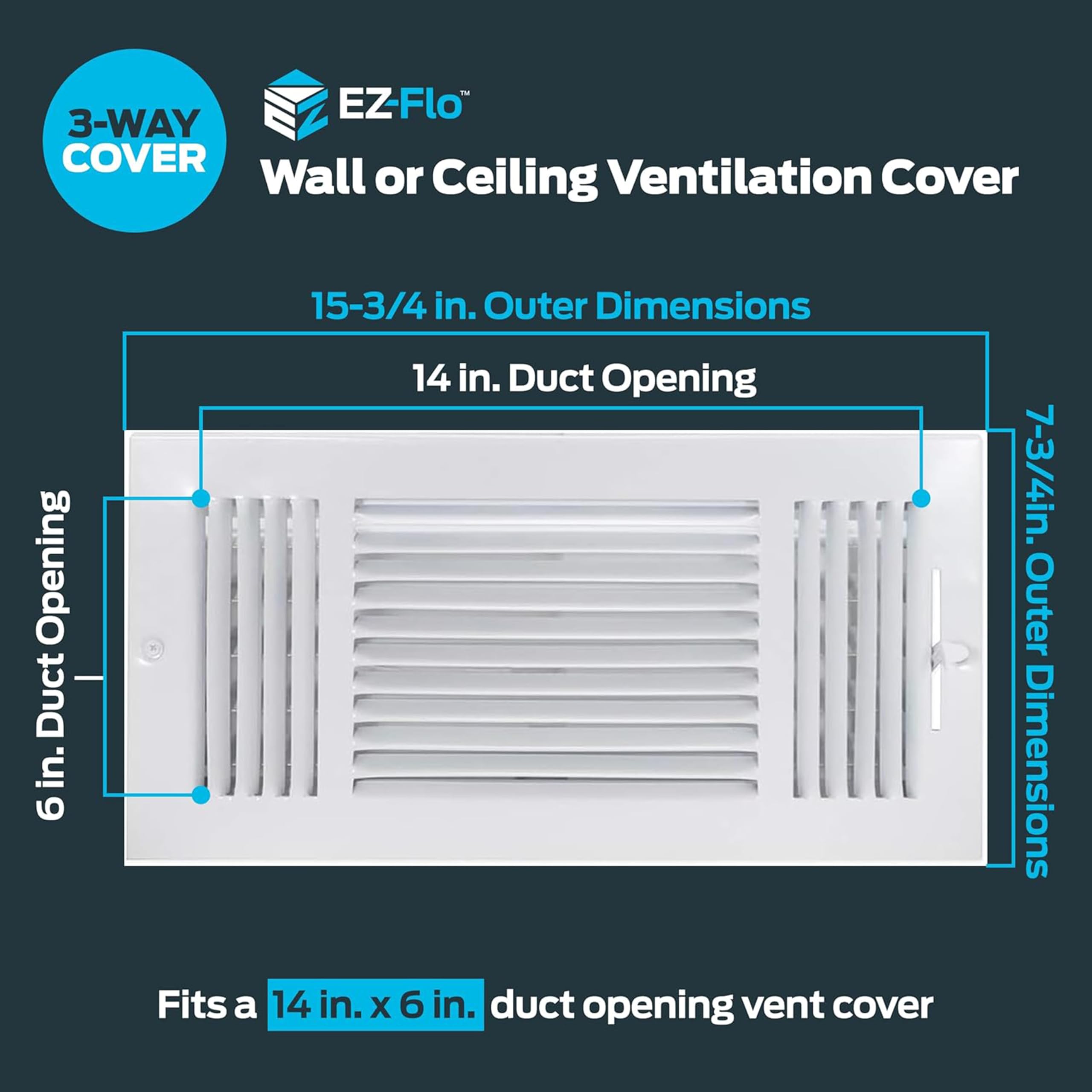 EZ-FLO 8 x 4 Inch Three-Way Ventilation Steel Sidewall/Ceiling Register, Steel Duct Opening, 61658