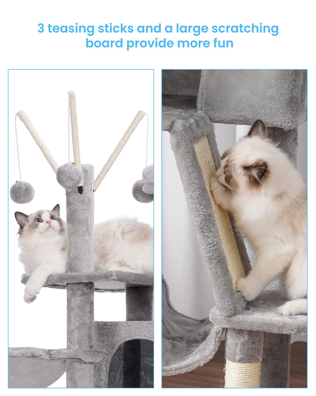 Hey-brother Cat Tree, 53 inch Cat Tower for Indoor Cats, Cat House with Padded Platform Bed, Toy Balls, Large Cozy Condo, Hammocks and Sisal Scratching Posts, Beige MPJ019-SM