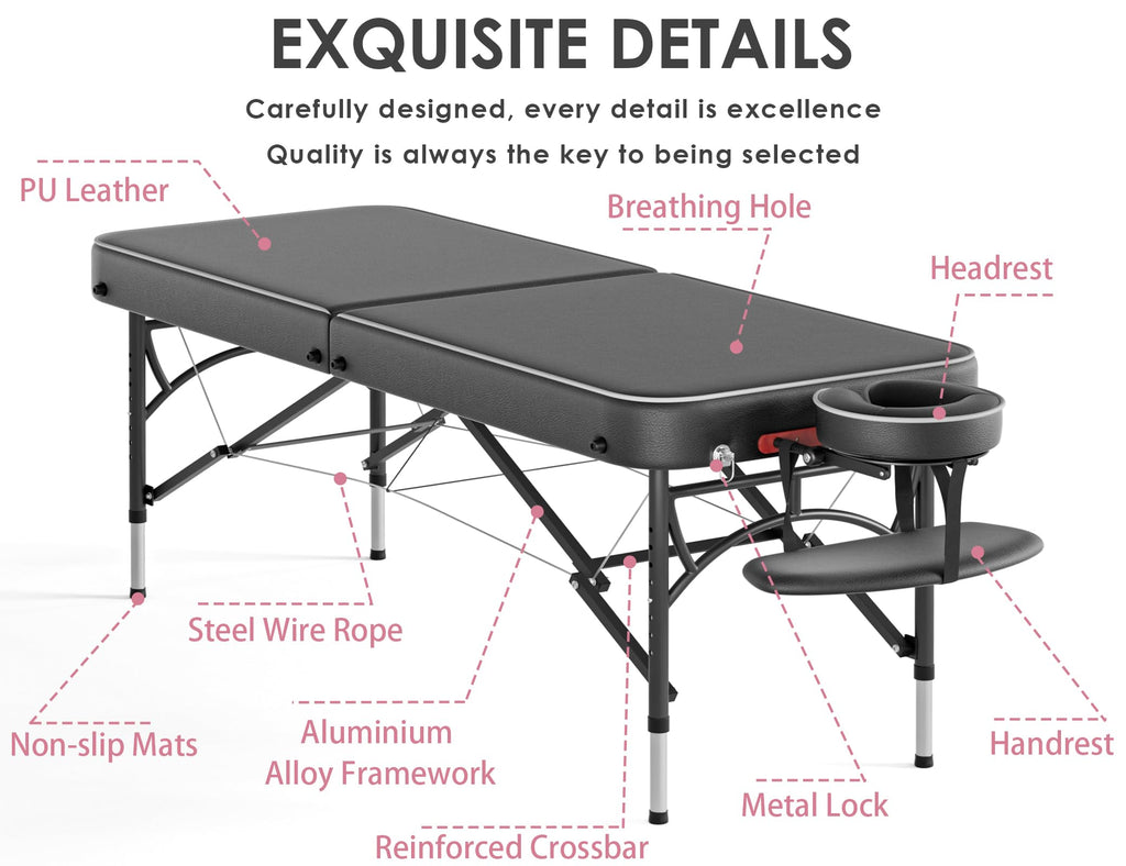 CLORIS 84" Professional Massage Table Portable Reinforced Wooden Leg 2 Folding Lightweight Spa Salon Tattoo Massage Bed Height Adjustable Hold Up to 1100LBS with Carrying Bag Black