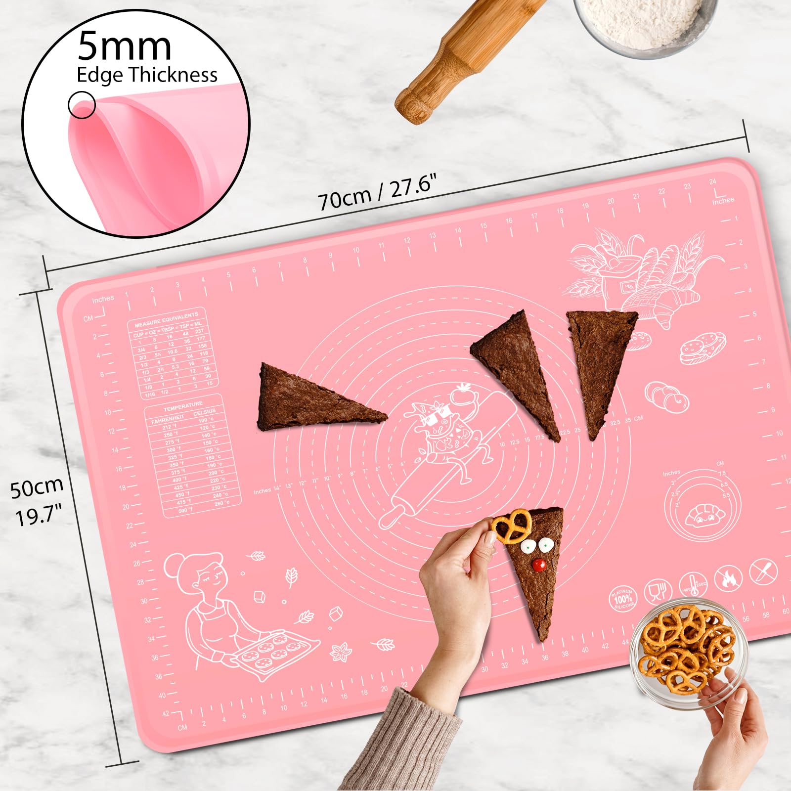 Silicone Baking Mat 24" x 16" Extra Thick Non-stick Pastry Mat with Measurements and Edge Heightening, Food Grade Silicone for Countertop Dough Rolling Making Bread, Cookies, Pizza, Fondant, Pasta