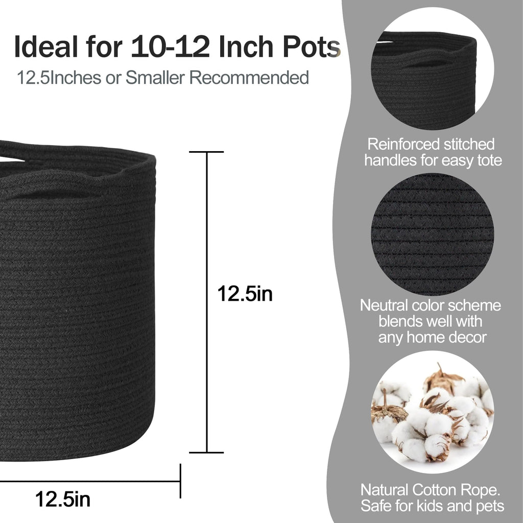 MEGASKET Cotton Rope Plant Basket, Woven Basket Planter for 10 inch Pot, Round Indoor Tree Pot Cover, Small Storage Bin Organizer, Modern Bins for Plants and Home Decor, 11”X11”, Black
