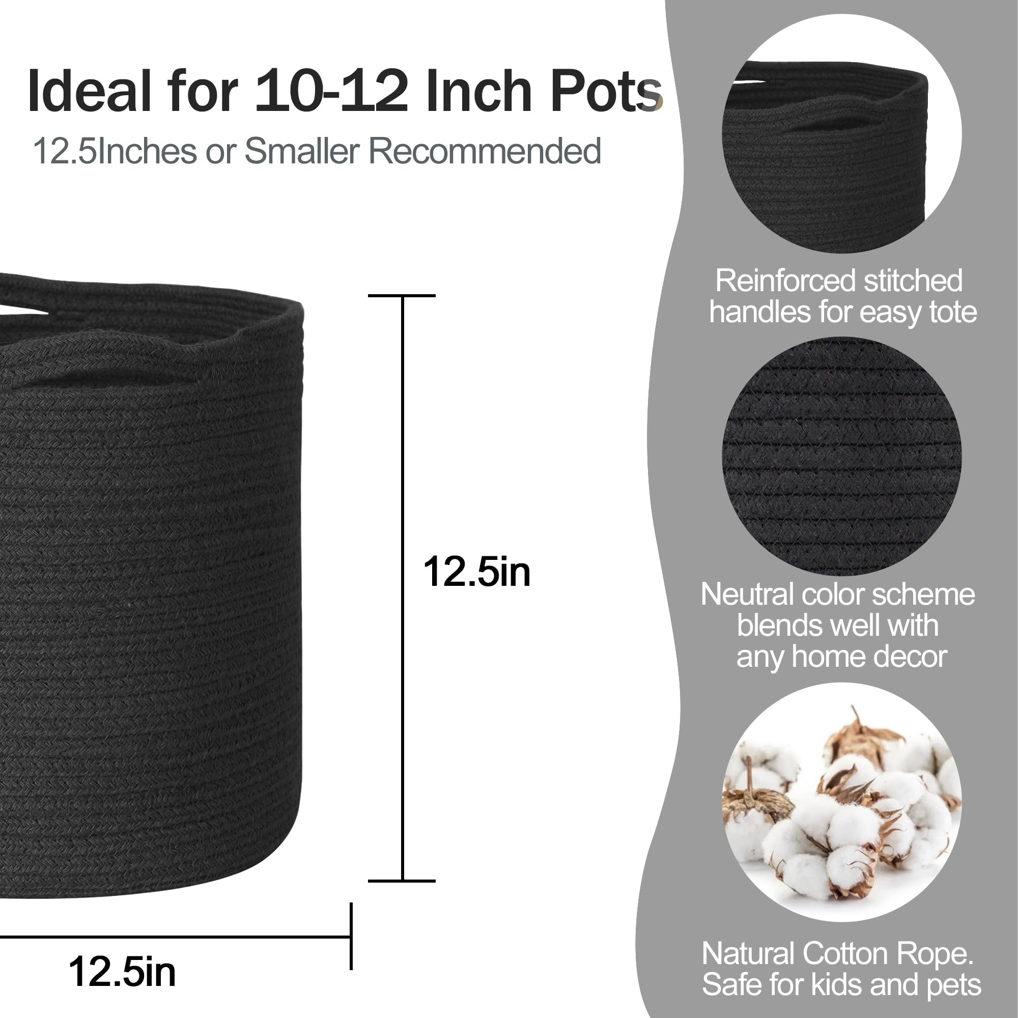 MEGASKET Cotton Rope Plant Basket, Woven Basket Planter for 10 inch Pot, Round Indoor Tree Pot Cover, Small Storage Bin Organizer, Modern Bins for Plants and Home Decor, 11”X11”, Black