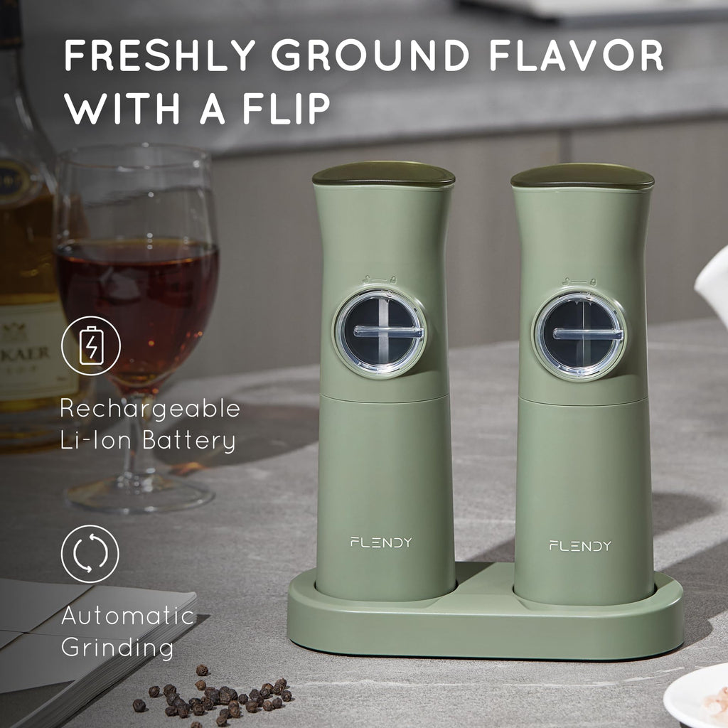Flendy Gravity Electric Salt and Pepper Grinder Set Rechargeable, Automatic Salt and Pepper Grinder Set with USB C Charging Base, Gravity Salt and Pepper Shakers Set Electric