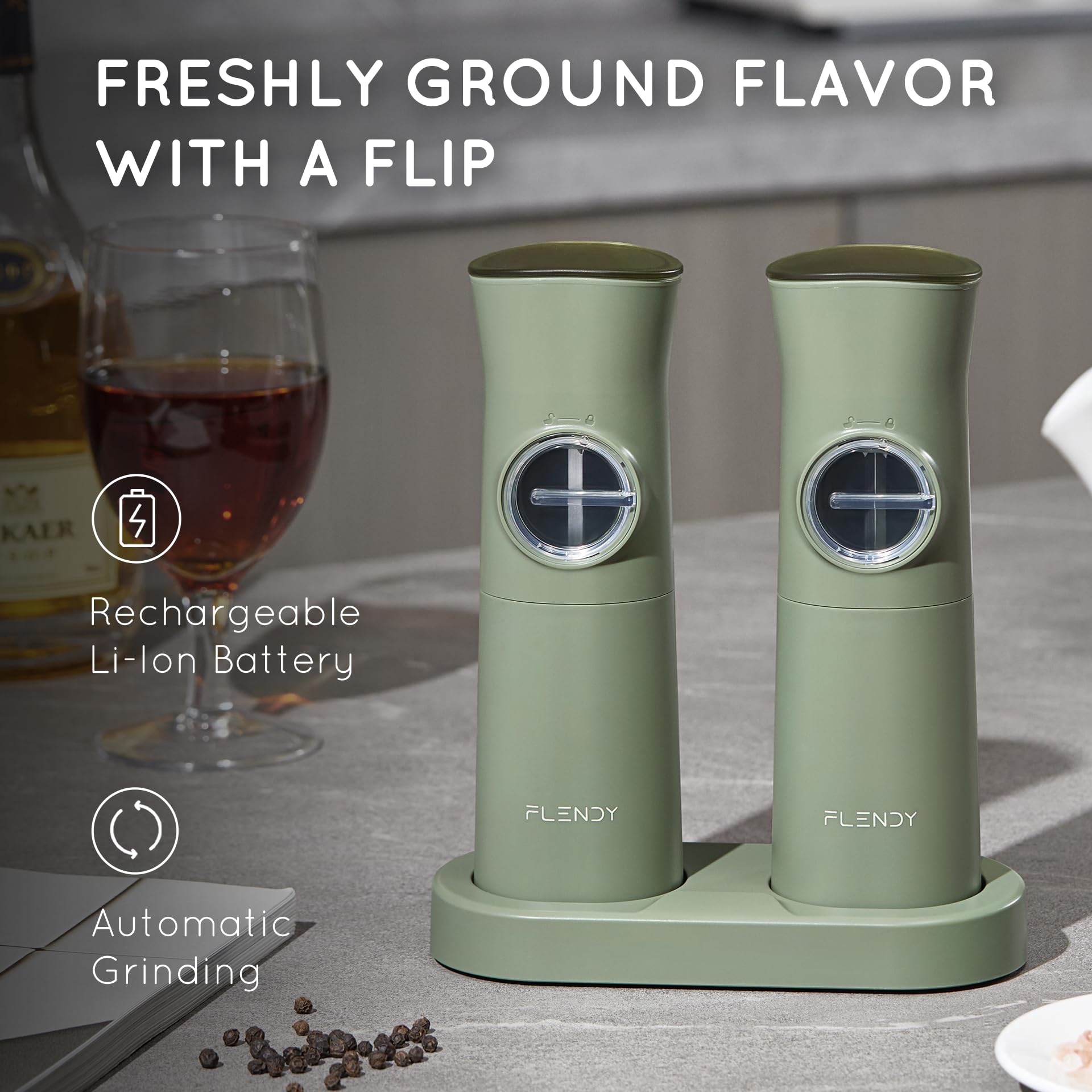 Flendy Gravity Electric Salt and Pepper Grinder Set Rechargeable, Automatic Salt and Pepper Grinder Set with USB C Charging Base, Gravity Salt and Pepper Shakers Set Electric