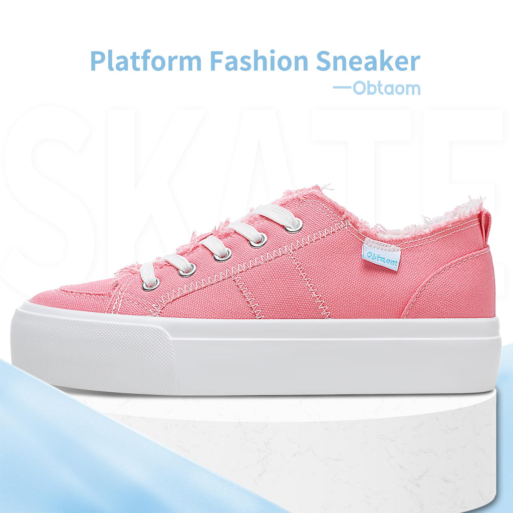 Obtaom Women Platform Canvas Sneakers White Comfort Play Fashion Sneakers Casual Lift Platform Lace Up Shoes Cute Low Top Walking Shoes for Lady