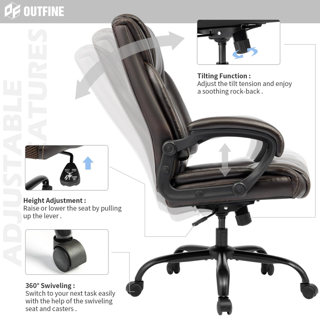 OUTFINE Office Chair Executive Office Chair Desk Chair Computer Chair with 5-Year hydrolysis-Resistant Leather Spring Cushion Ergonomic Support Tilting Function Upholstered in Bonded Leather Black