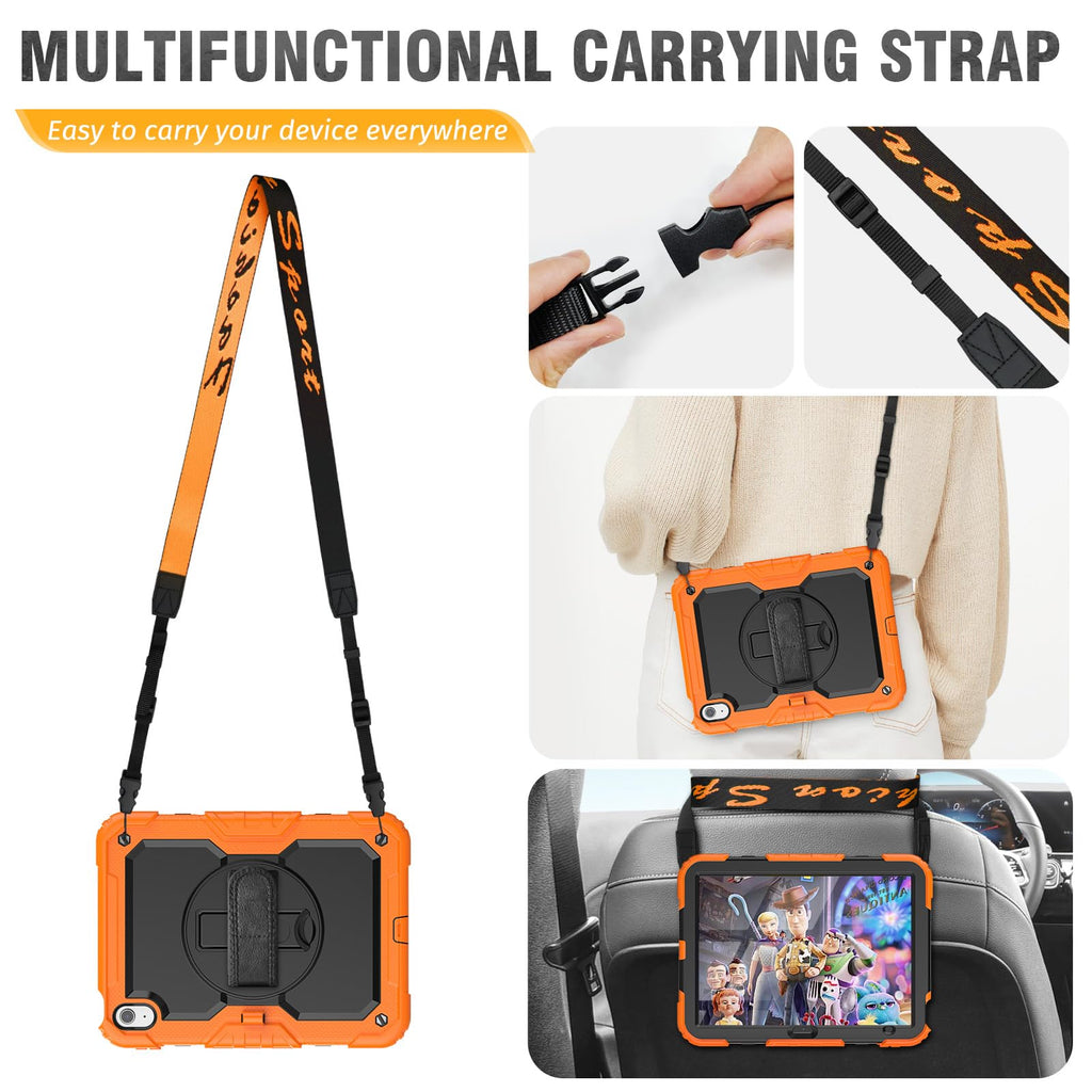 HXCASEAC Case for iPad 9th/8th/7th Generation 10.2 inch, with Pencil Holder, Screen Protector, Hand Strap, Heavy Duty Protective for iPad 9/8/7 Case 10.2-inch 2021/2020/2019, Orange