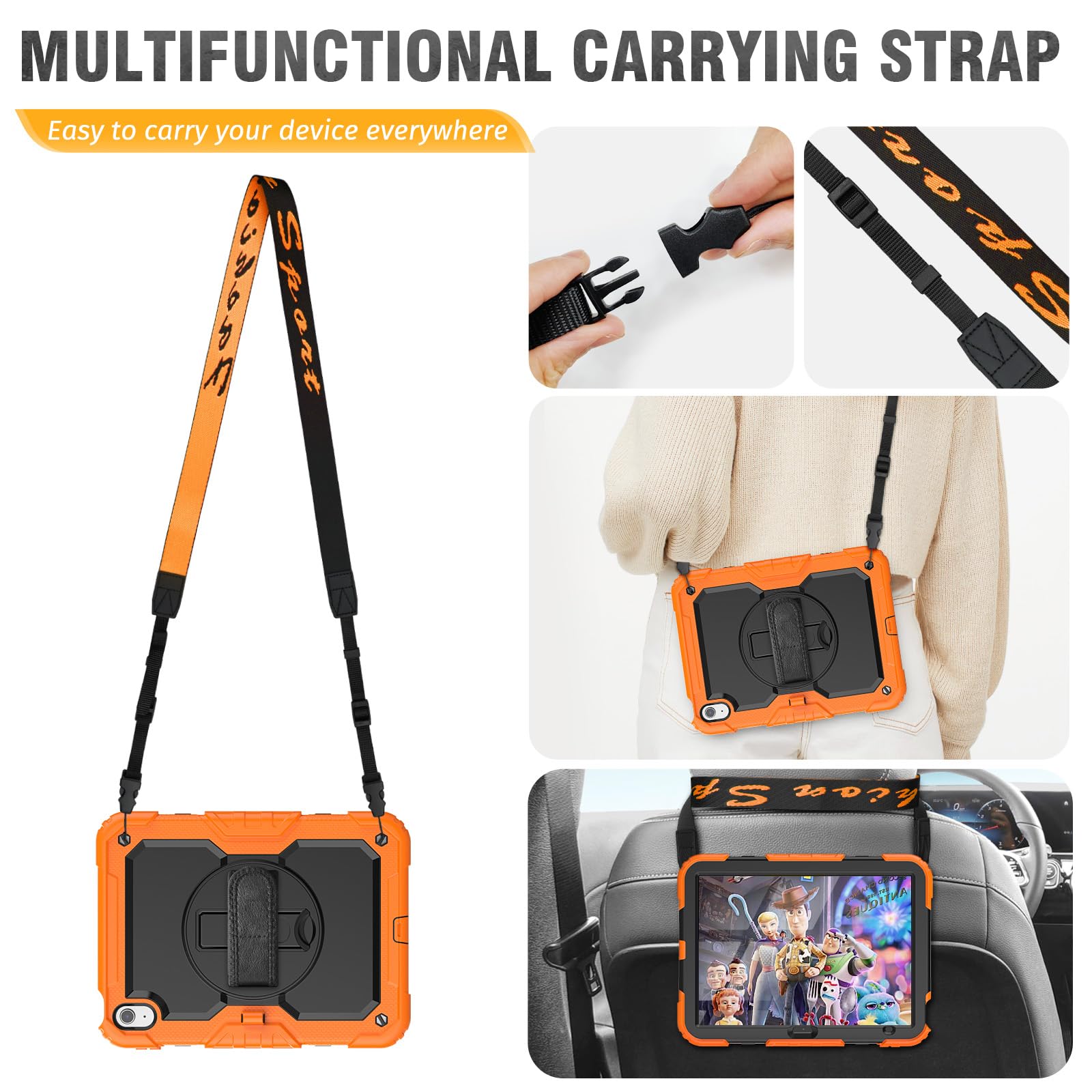 HXCASEAC Case for iPad 9th/8th/7th Generation 10.2 inch, with Pencil Holder, Screen Protector, Hand Strap, Heavy Duty Protective for iPad 9/8/7 Case 10.2-inch 2021/2020/2019, Orange