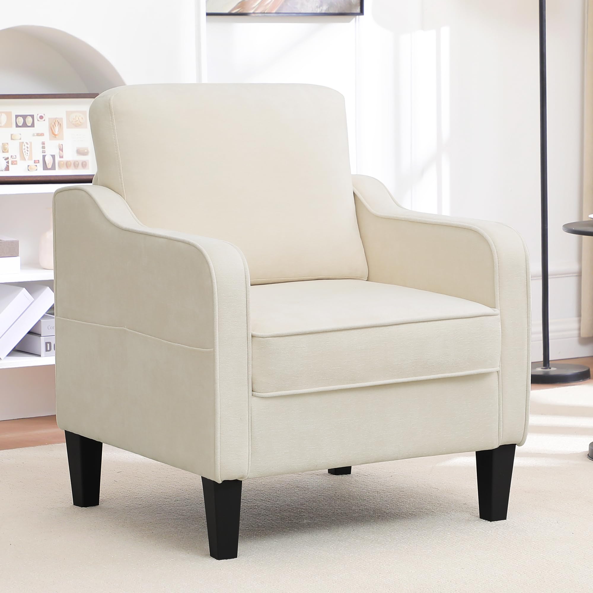 Accent Chair for Living Room, Mid Century Modern Reading Chair for Bedroom, Upholstered Armchair with Side Pockets, Comfy Single Sofa Side Chair for Office, Apartment, Small Room, Beige