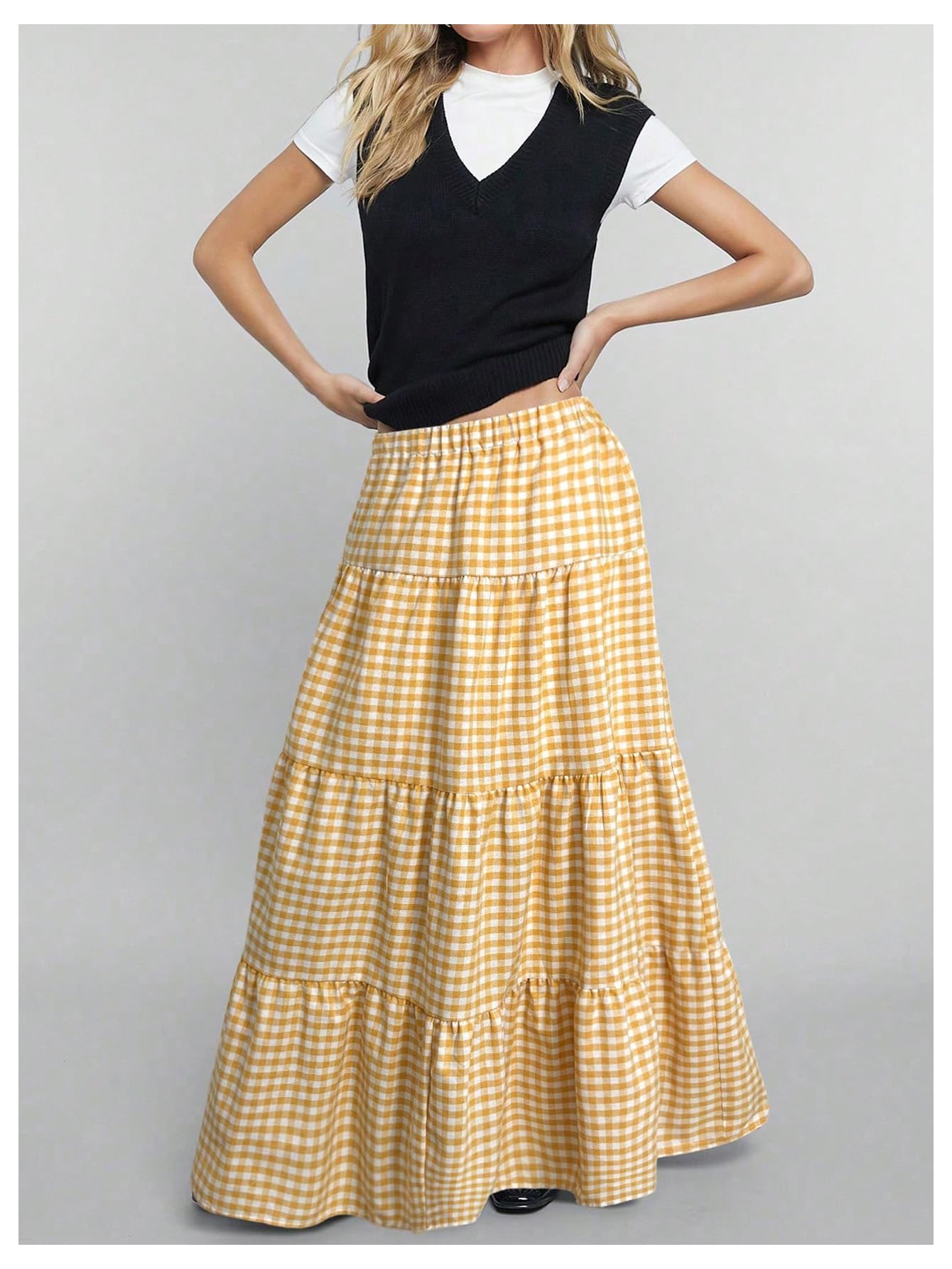 MakeMeChic Women's Plaid Maxi Skirts A Line Ruffle Tiered Layer Y2K Flowy Casual Long Skirts