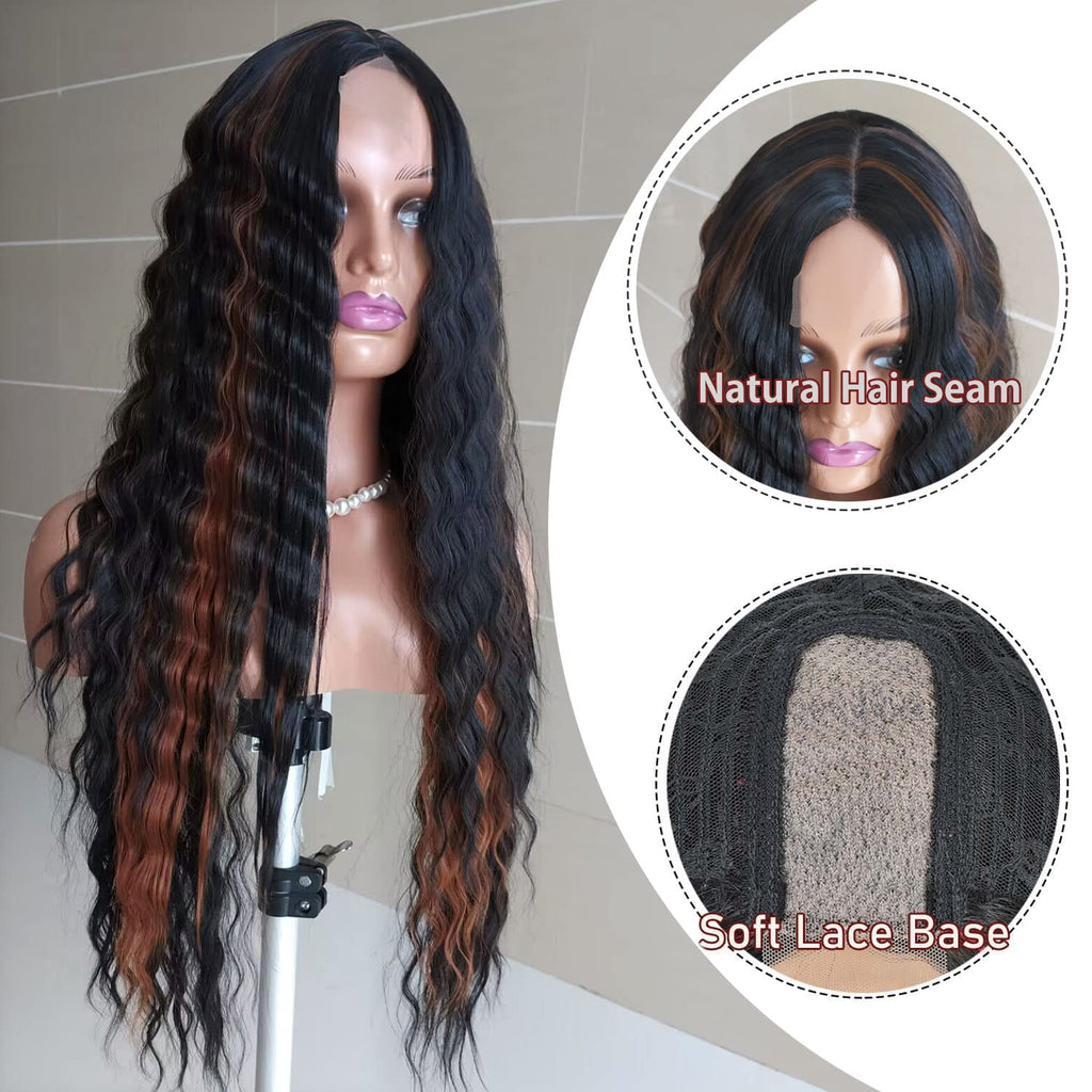 INSTASTYLE 30 Inch Synthetic Curly Wigs for Women Long Black Hair Wig Lace Front 4" Simulated Scalp Natural Loose Deep Wave Crimps Curls Wig As Hair Replacement Wigs 1B