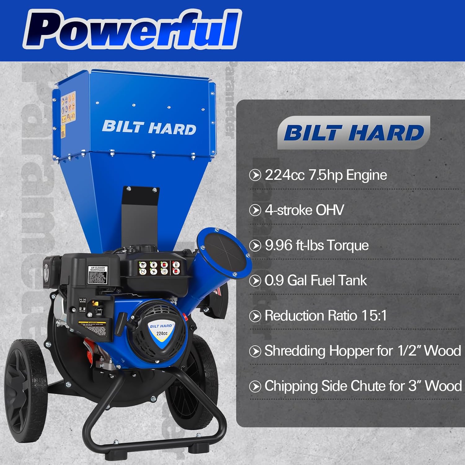 BILT HARD Wood Chippers Gas Powered - 7.5 HP 224cc Gas Powered Shredder, 2 in 1 Multi-Function Heavy Duty, 3" Max Wood Diameter Capacity with Collection Bag