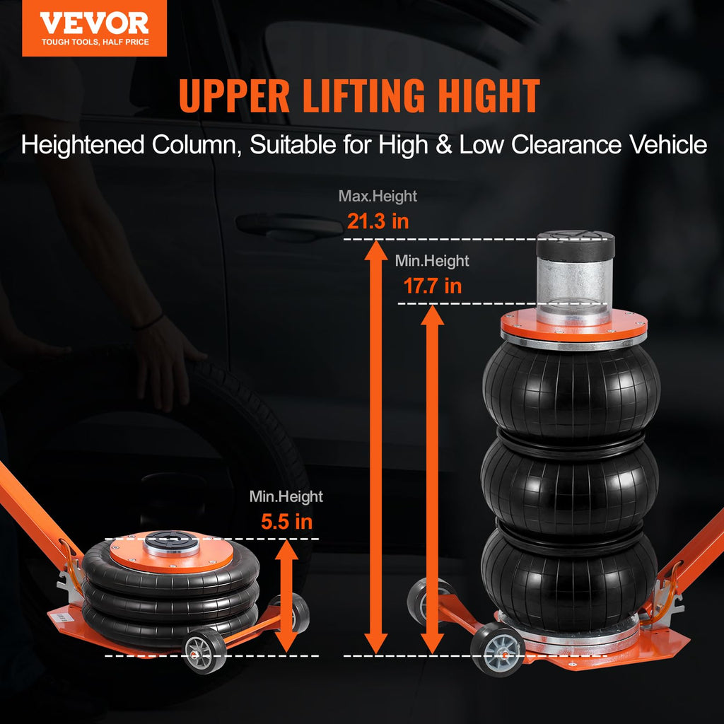 VEVOR Air Jack, 3 Ton/6600 lbs Triple Bag Air Jack, Airbag Jack with Six Steel Pipes, Lift up to 17.7 inch/450 mm, 3-5 s Fast Lifting Pneumatic Jack, with Short Handles for Car Repair