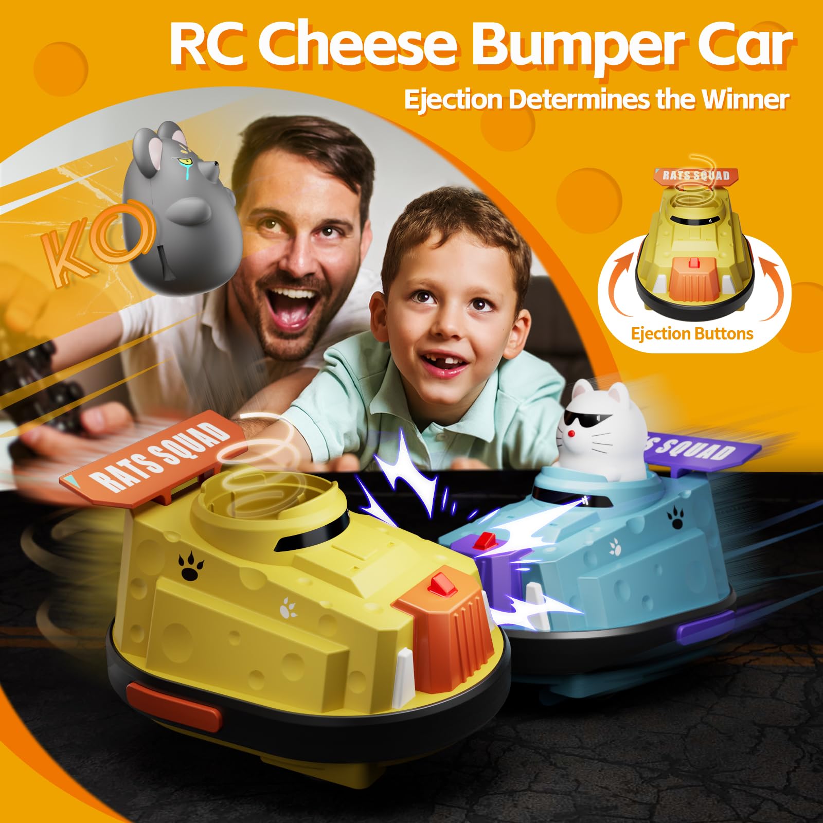 2 Pack Remote Control Car, RC Ejecting Bumper Car for Kids, Cat and Rat War Cheese Bumper Car, Car Toys for Ages 5-7, Christmas Birthday Gifts Toys for 3 4 5 6+ Year Old Boys Girls