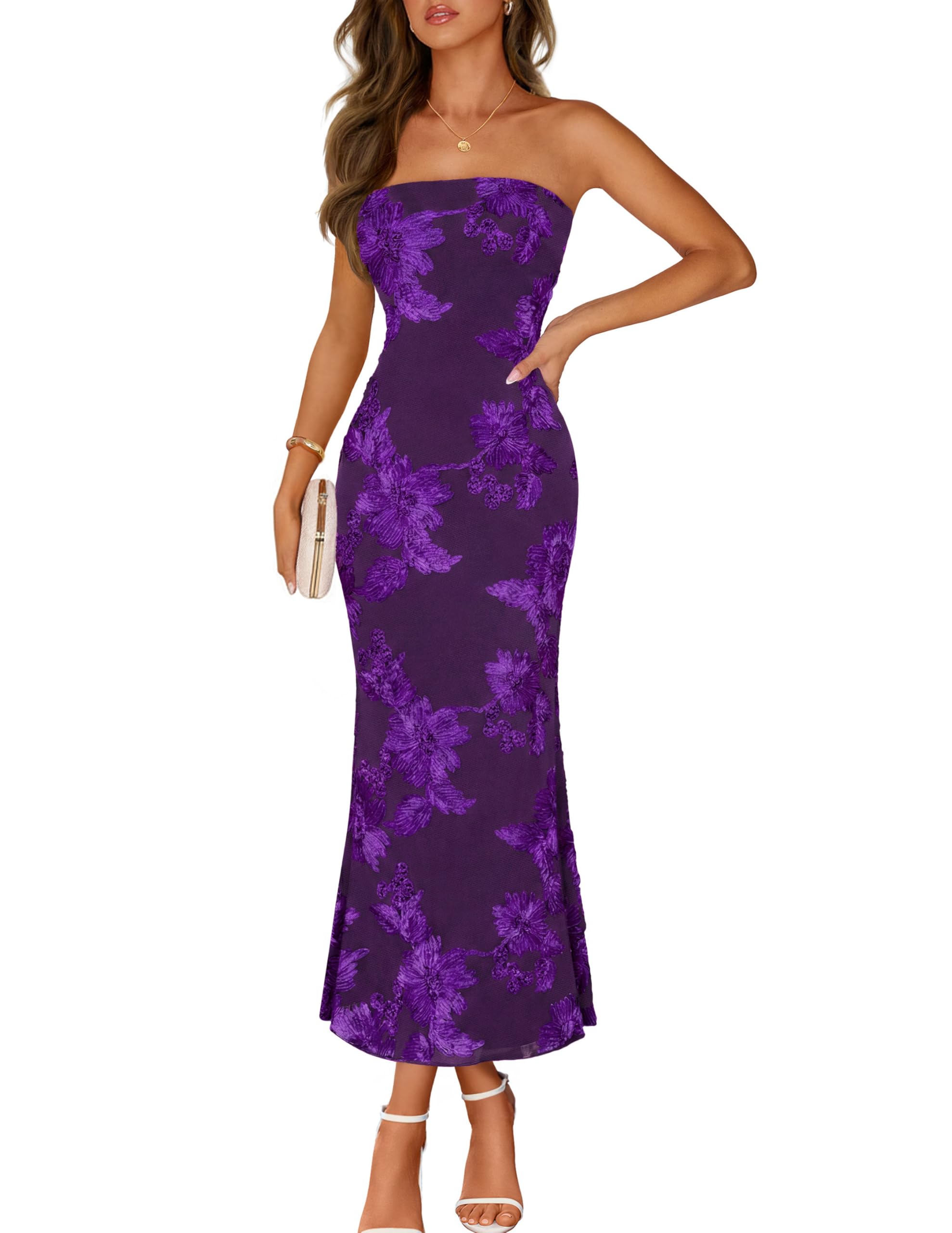 MEROKEETY Women's Floral Strapless Maxi Dress 2026 Summer Mesh Tube Bodycon Formal Wedding Guest Cocktail Party Long Dresses