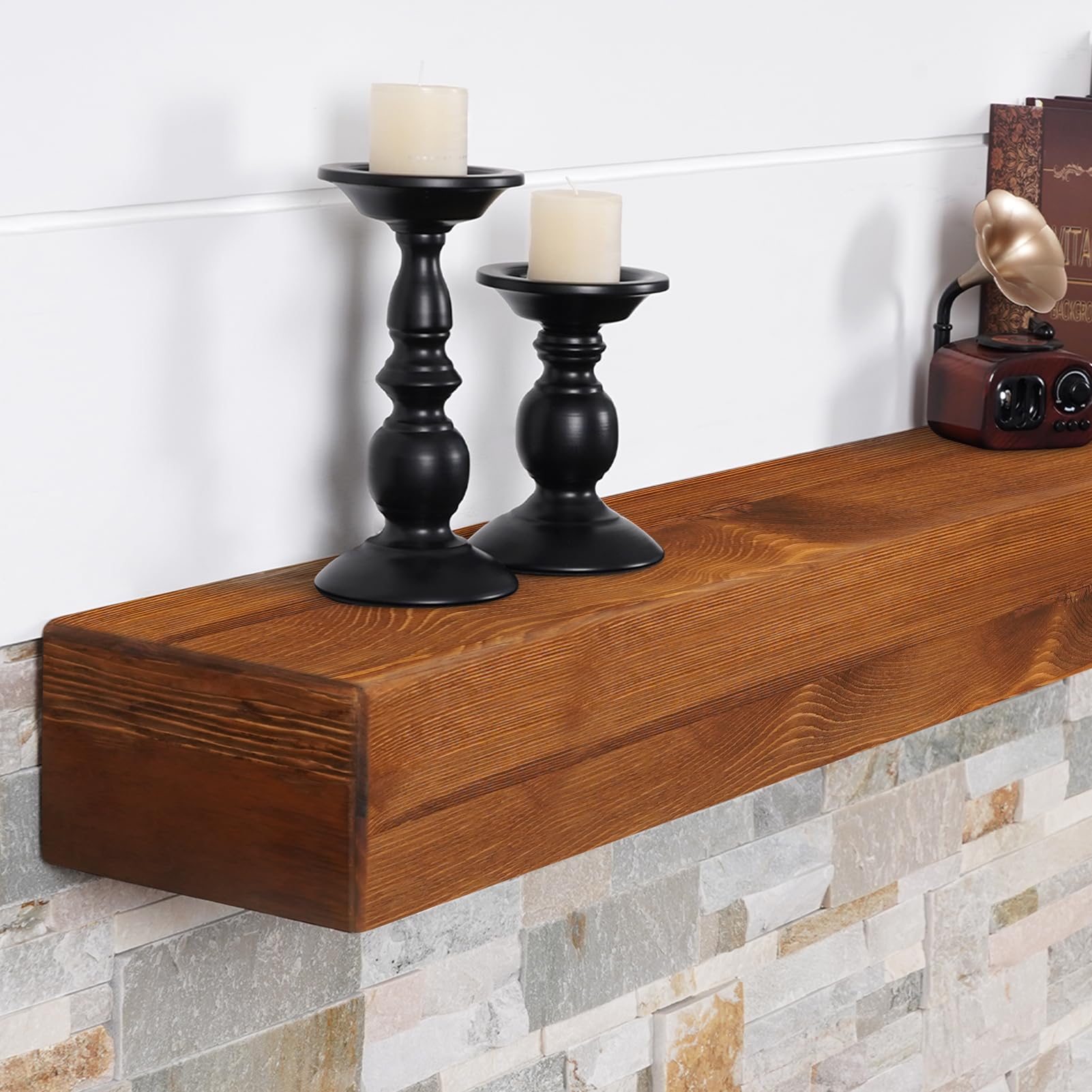 G GOOD GAIN Fireplace Mantel 54inch - Handmade Rustic Wood Mantel for Over Fireplace | Wall Mounted Floating Mantle Shelves for Living Room Decor(Chocolate, 54Lx5Hx8D)