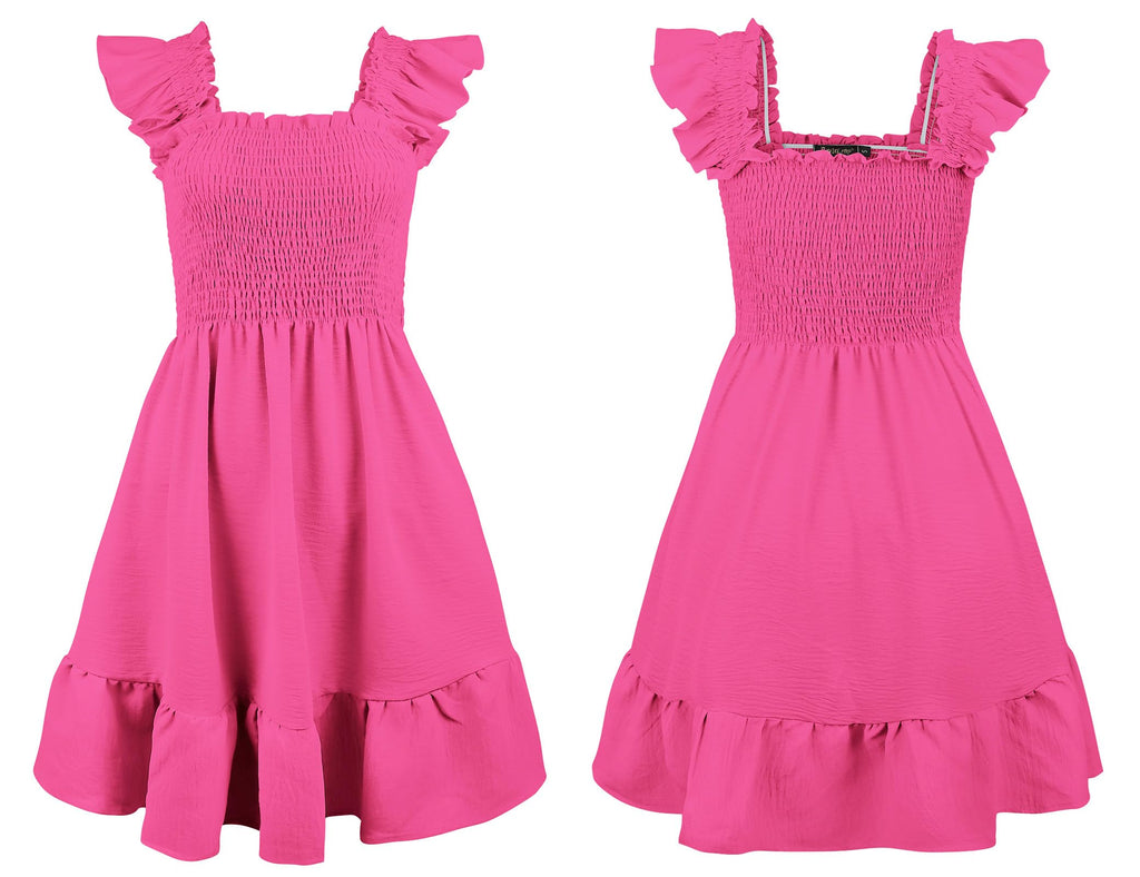 ROYLAMP Women's Smocked Dresses Square Neck Elegant Tiered Boho Ruffle Shoulder Swing Flowy Summer Casual Mini Dress
