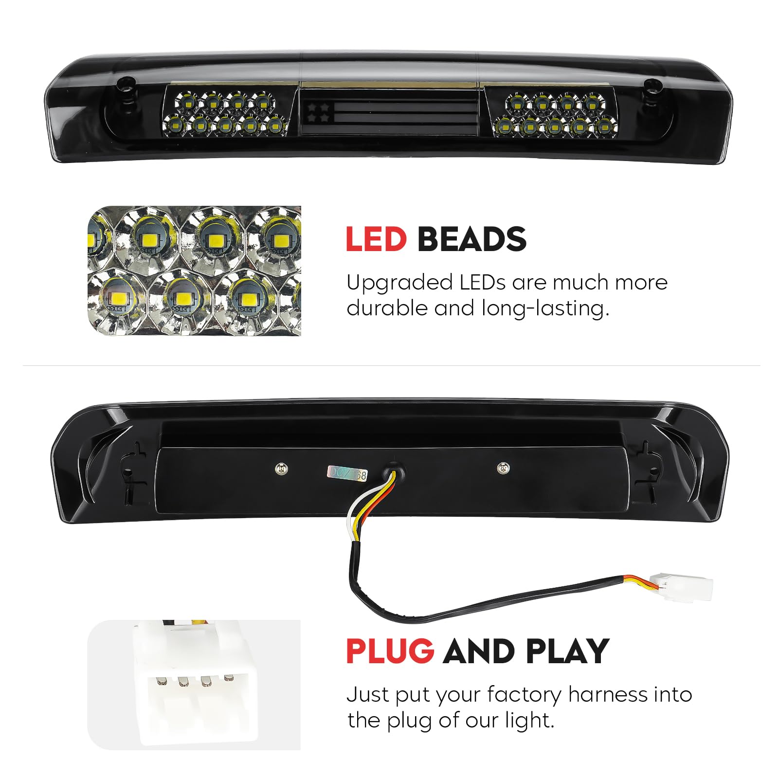 Tresound For 1994-2001 Dodge Ram 1500/2500/ 3500 Third 3rd LED Brake Light Cargo Lamp High Mount Brake Light Replacement (Black+ Smoke Lens)