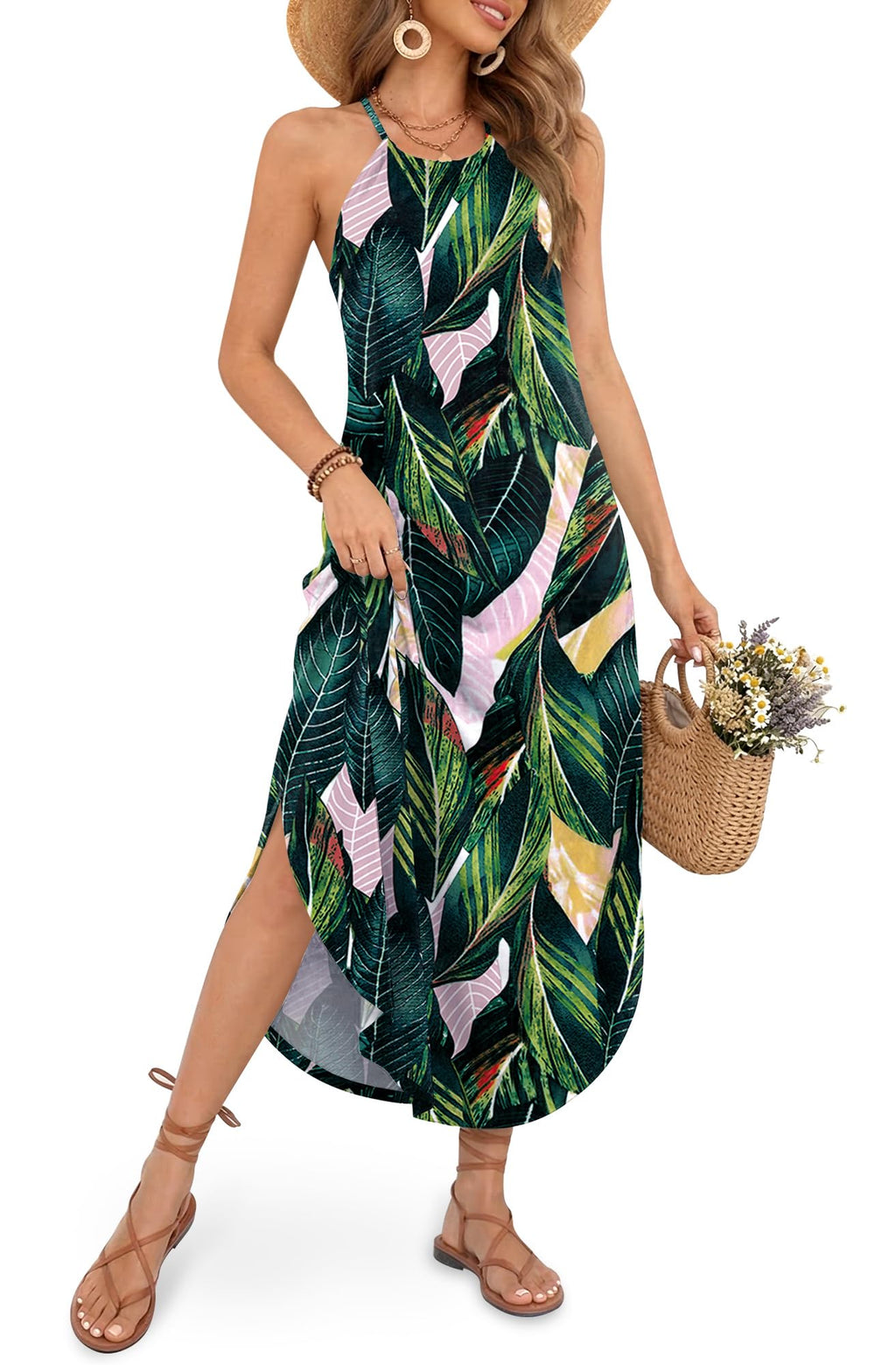 For G and PL Women's Summer Casual Halter Side Slit Maxi Beach Dress Resort Vacation Cruise Wear Sundress