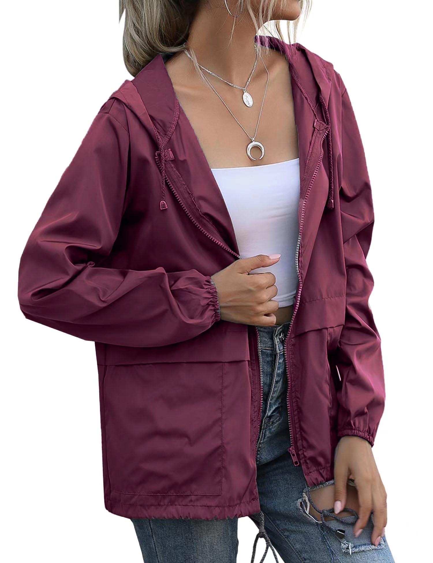 Women's Raincoats Lightweight Waterproof Windproof Adjustable Windbreaker Rain Jackets Hooded with Pockets S-XXL