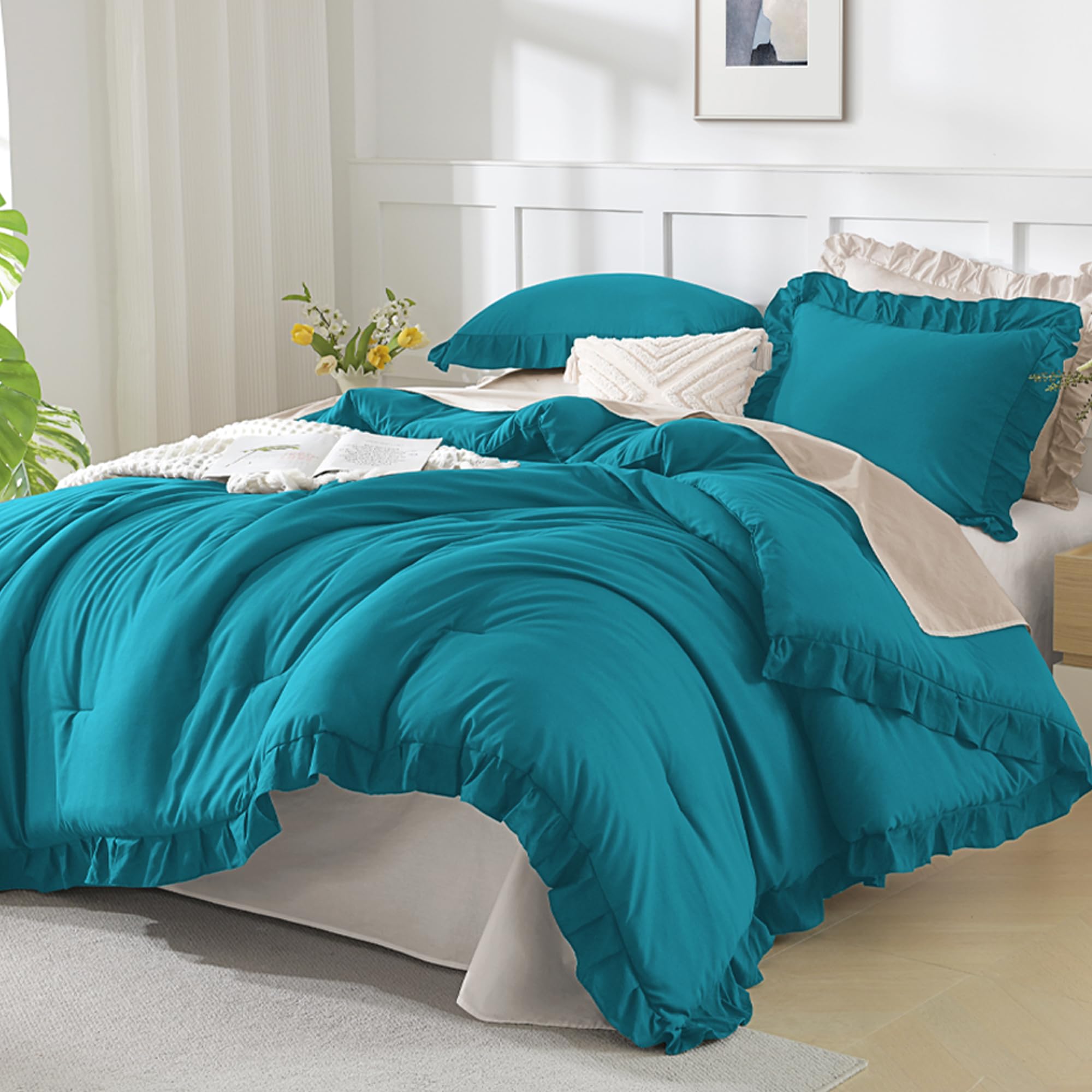 Andency Beige Twin Size Ruffle Comforter, 2 Pieces Farmhouse Shabby Classic Bed Set for Kids, Lighteweight Soft Polyester Bedding Set for Girls(1 Ruffle Comforter and 1 Pillowcase)