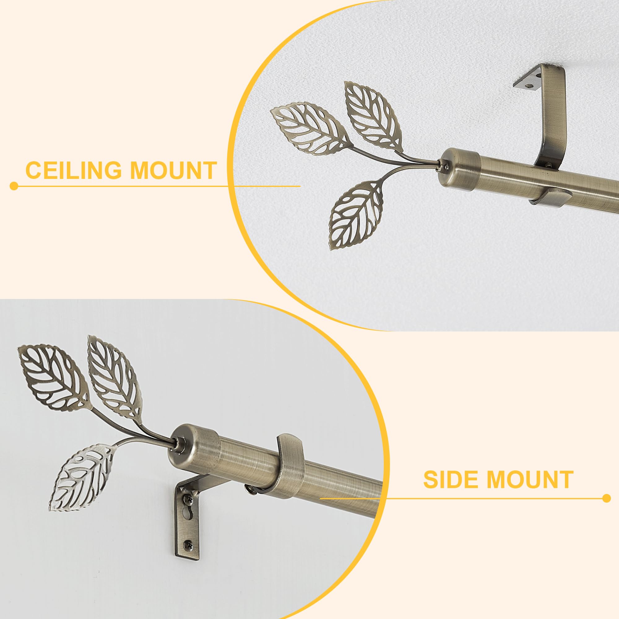 RYB HOME Small Curtain Rod 28 to 48 Inch Adjustable Telescoping Blackout Decorative Drape Rod with Leaf Finial for Cafe Kitchen Kids Bedroom Bathroom Shower Living, Antique Brass, 1 Inch Diameter