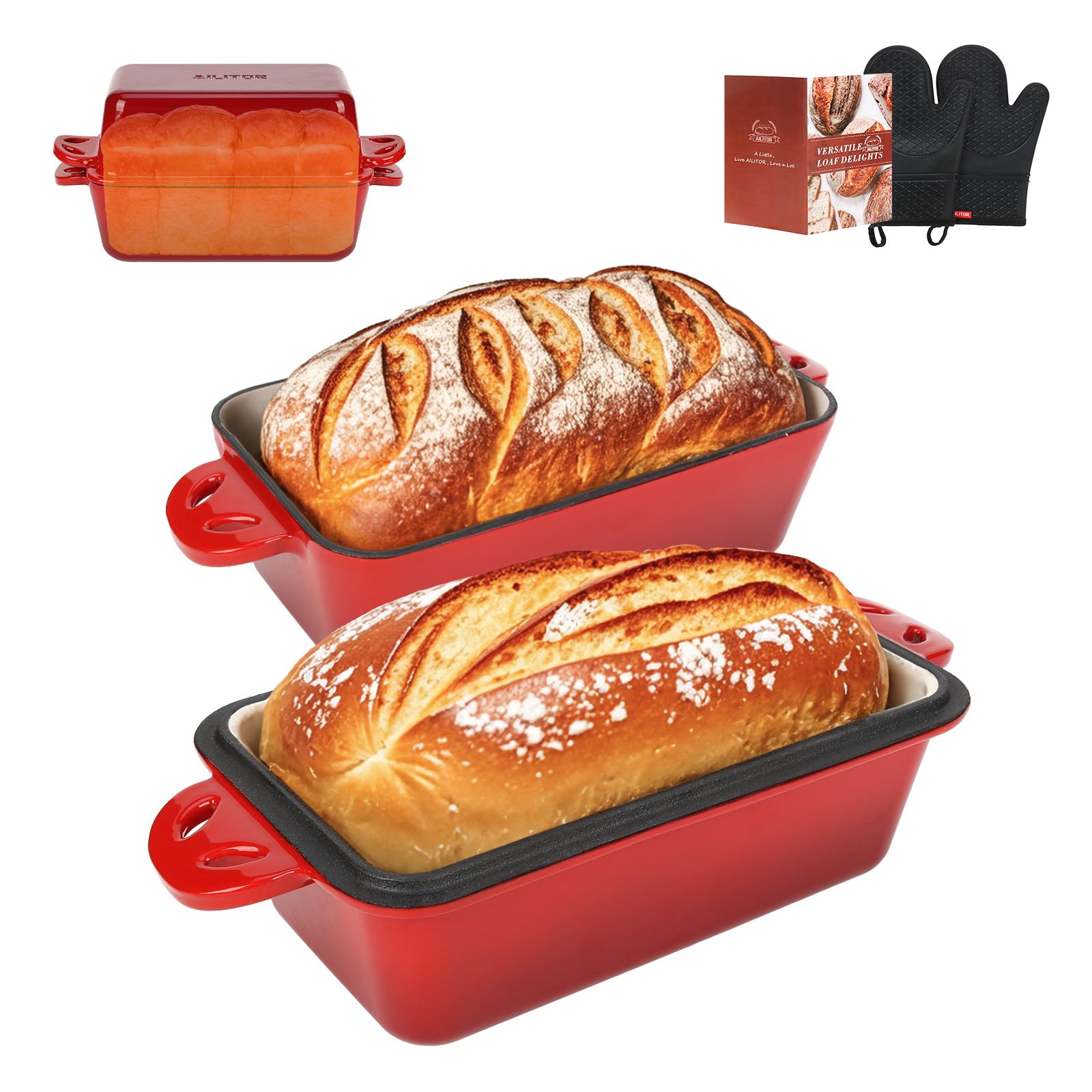 AILITOR 9x5 Enameled Cast Iron Loaf Pan with Lid - 2 in 1 Sourdough Bread Pan for Homemade Baking