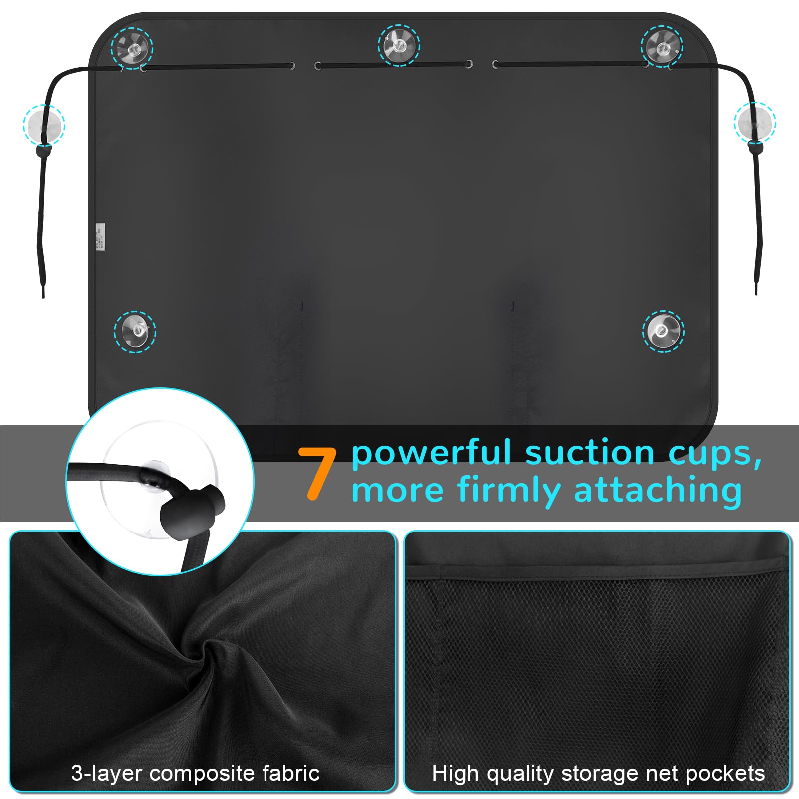 Car Sun Shade Side Window, 2 Pcs Blackout Car Window Shade for Baby Privacy with Storage Net Pockets Auto Curtains 7 Suction Cups for Heat/UV Protection Sun Block Covers