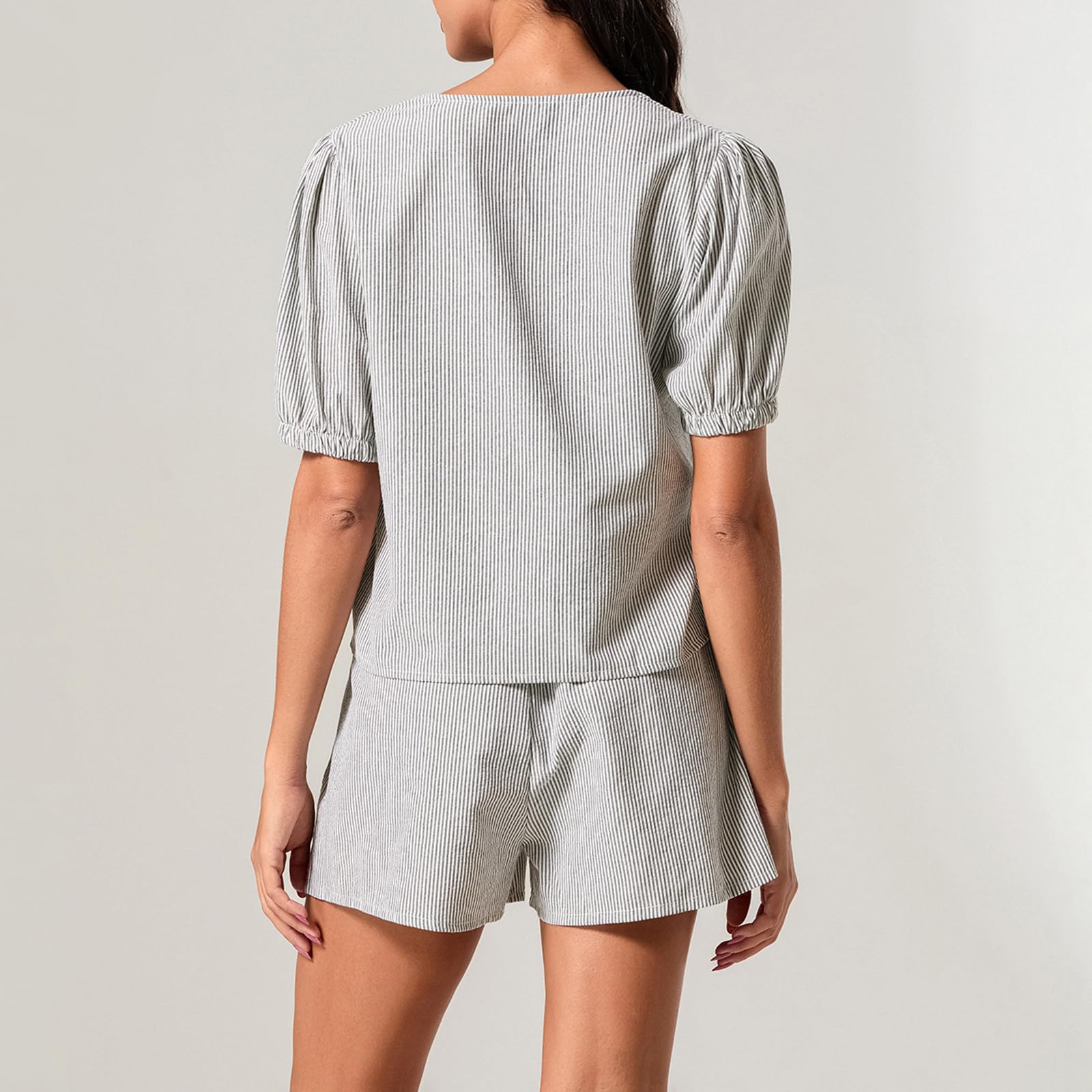 Yuemengxuan Women Y2k Peplum Shirt Shorts Set Two Piece Lounge Set Pajamas Sets Puff Sleeve Tie Front Top 2pcs Pj Outfits