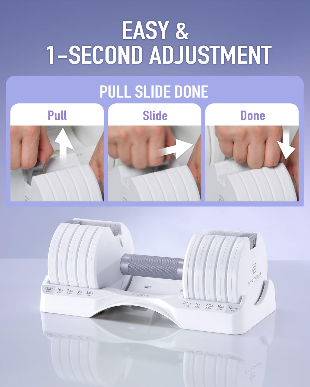 BYZOOM FITNESS Pure Series Adjustable Dumbbell - 12.5/25/27.5/50/55/75lb - ONE UNIT OR PAIR(check QTY before purchase) - 5-in-1/ 10-in-1 / 15-in-1 / 21-in-1 Flexible Hand Weights for Home Apartment Garage Gym, Strength Training & Fitness Workouts, White O
