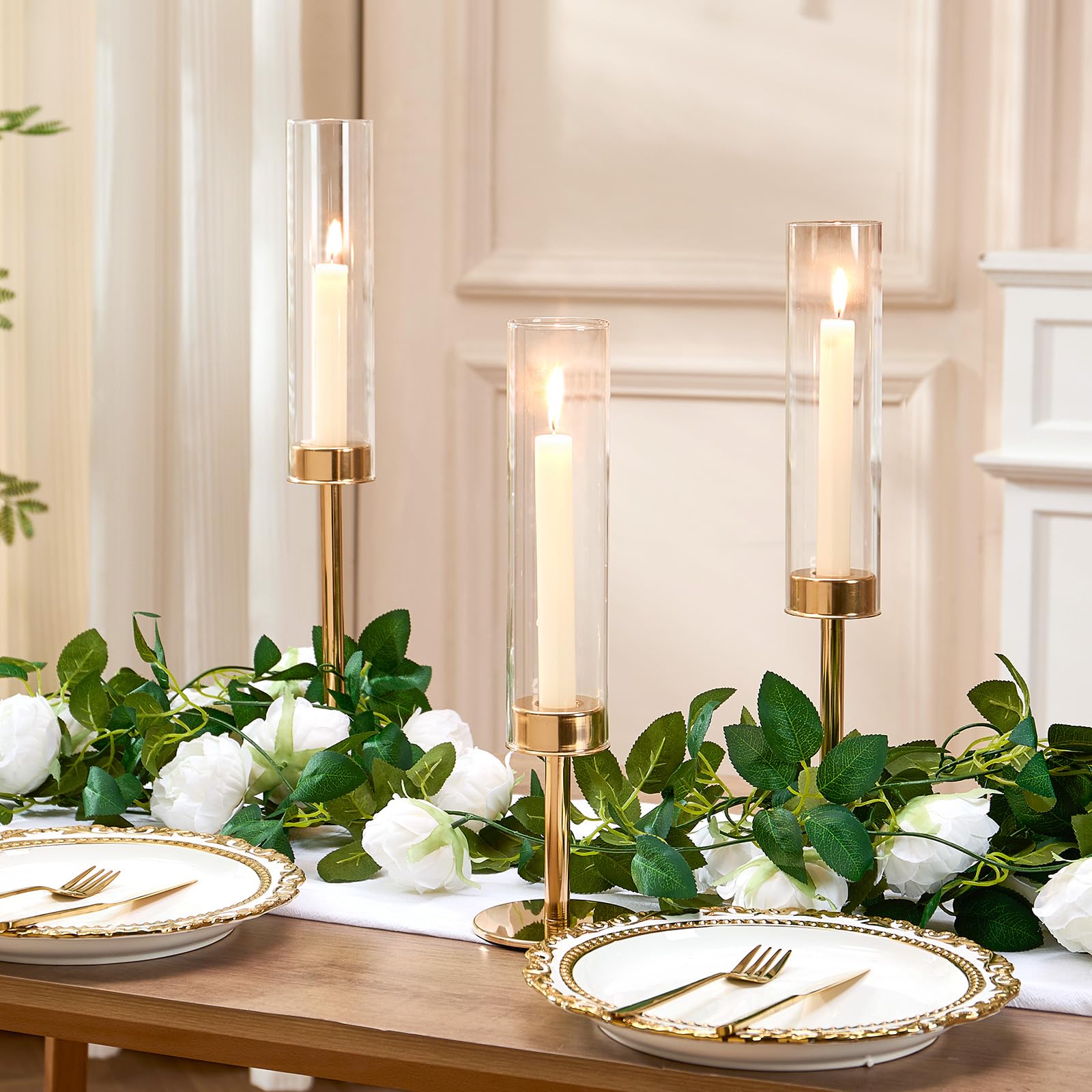 Black Hurricane Glass Candle Holders Set of 3, Tall Metal Taper Candle Stick Holder, Clear Candlestick Holders, Table Centerpieces Decor for Dining Dinner, Weddings, Christmas Fireplace Decorations