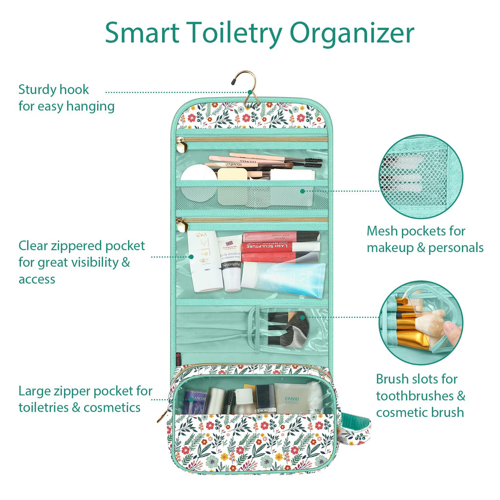 FINTIE Portable Toiletry Cosmetic Travel Bag, Large Water Resistant Hanging Makeup Organizer Storage Pouch Case for Women Girls (Blooming Hibiscus)
