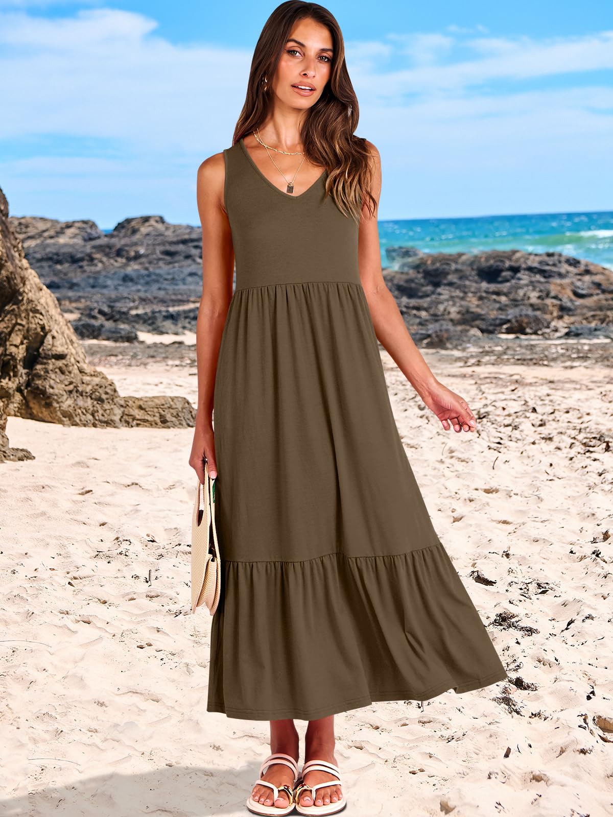 ANRABESS Women Summer Maxi Dresses A-line Tiered Flowy V Neck Sleeveless Swing 2026 Casual Beach Travel Sundress with Pockets