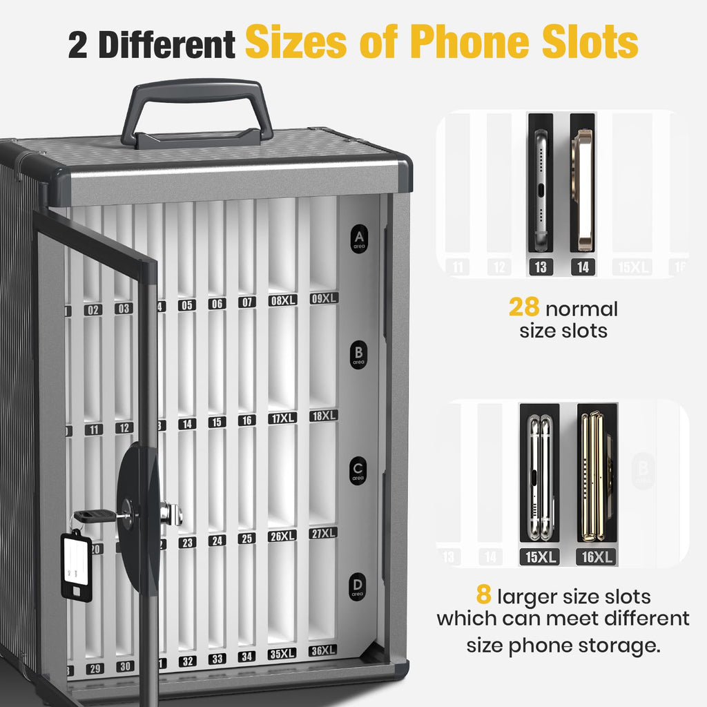 Glosen Cell Phone Locker 24 Slots, Portable Phone Storage Cabinet [Wall Mounted] [Silver 24 Slots-Universal Key ] Aluminum Alloy Cellphone Lock Box with Key & Handle for School Classroom Office Exam